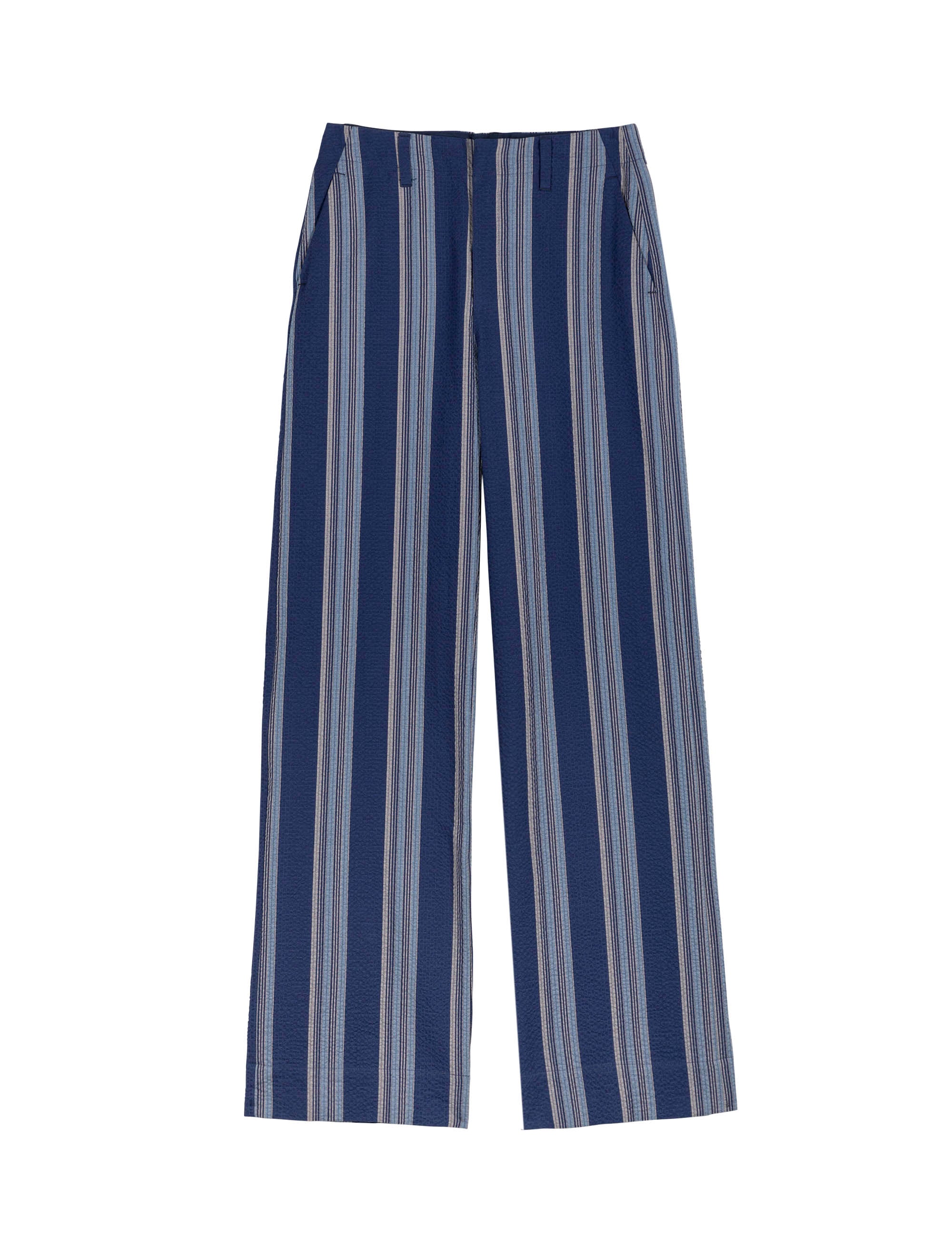 Women's white and blue striped cotton pants with pockets