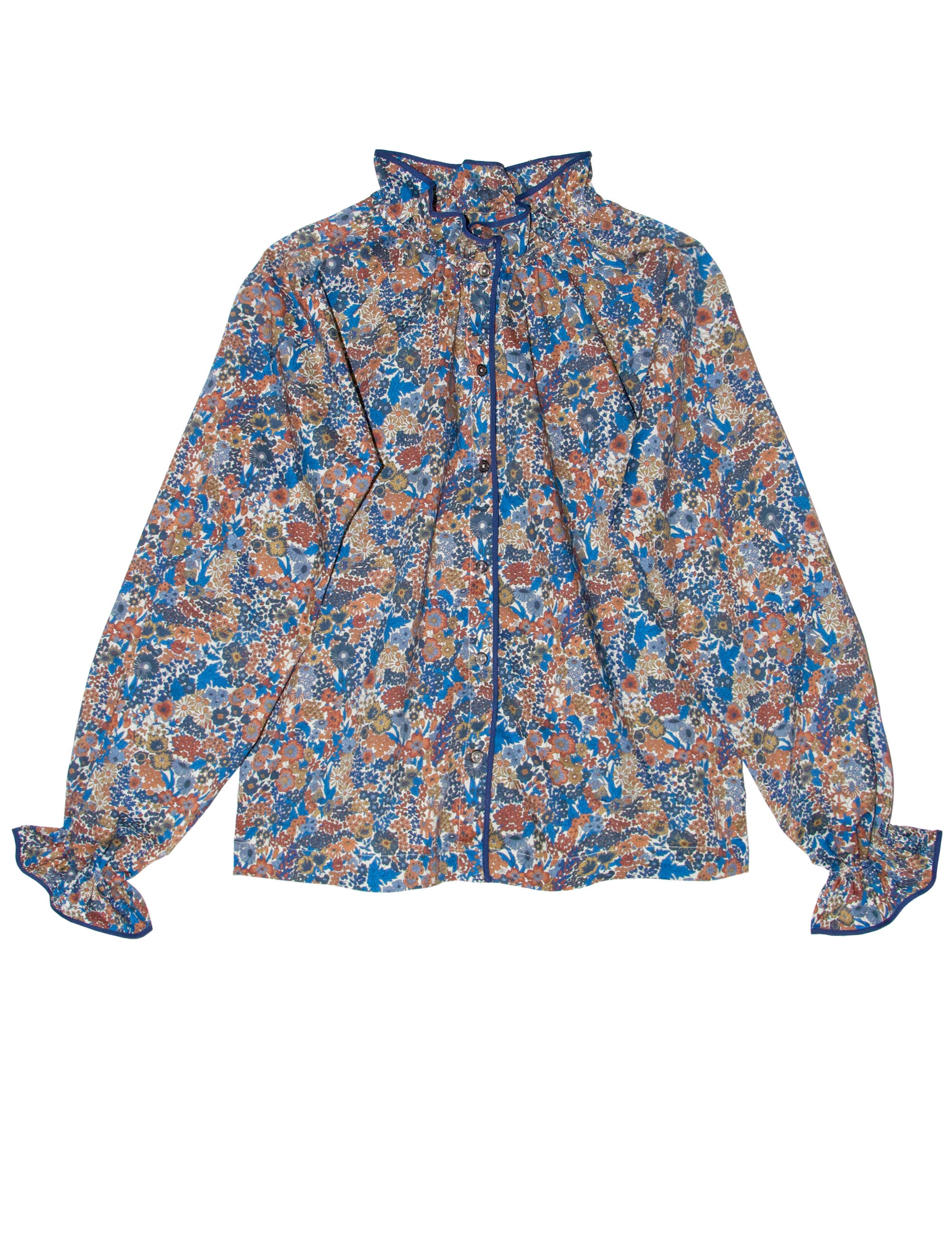 Long sleeve women's shirt in liberty cotton multi-colored floral print with frilled collar and cuffs