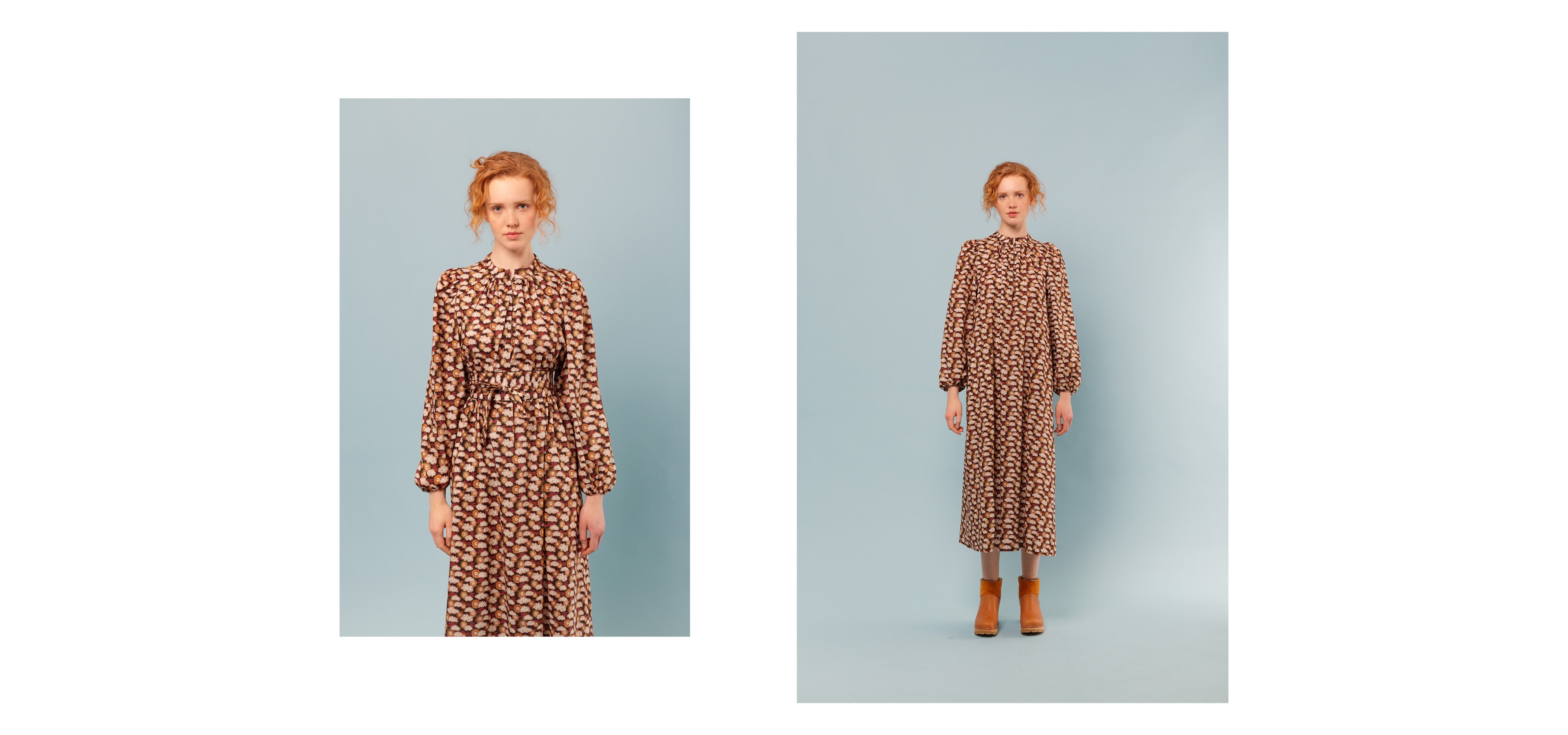 Liberty print cotton dress with sun and cloud pattern in brown white and orange with and without belt