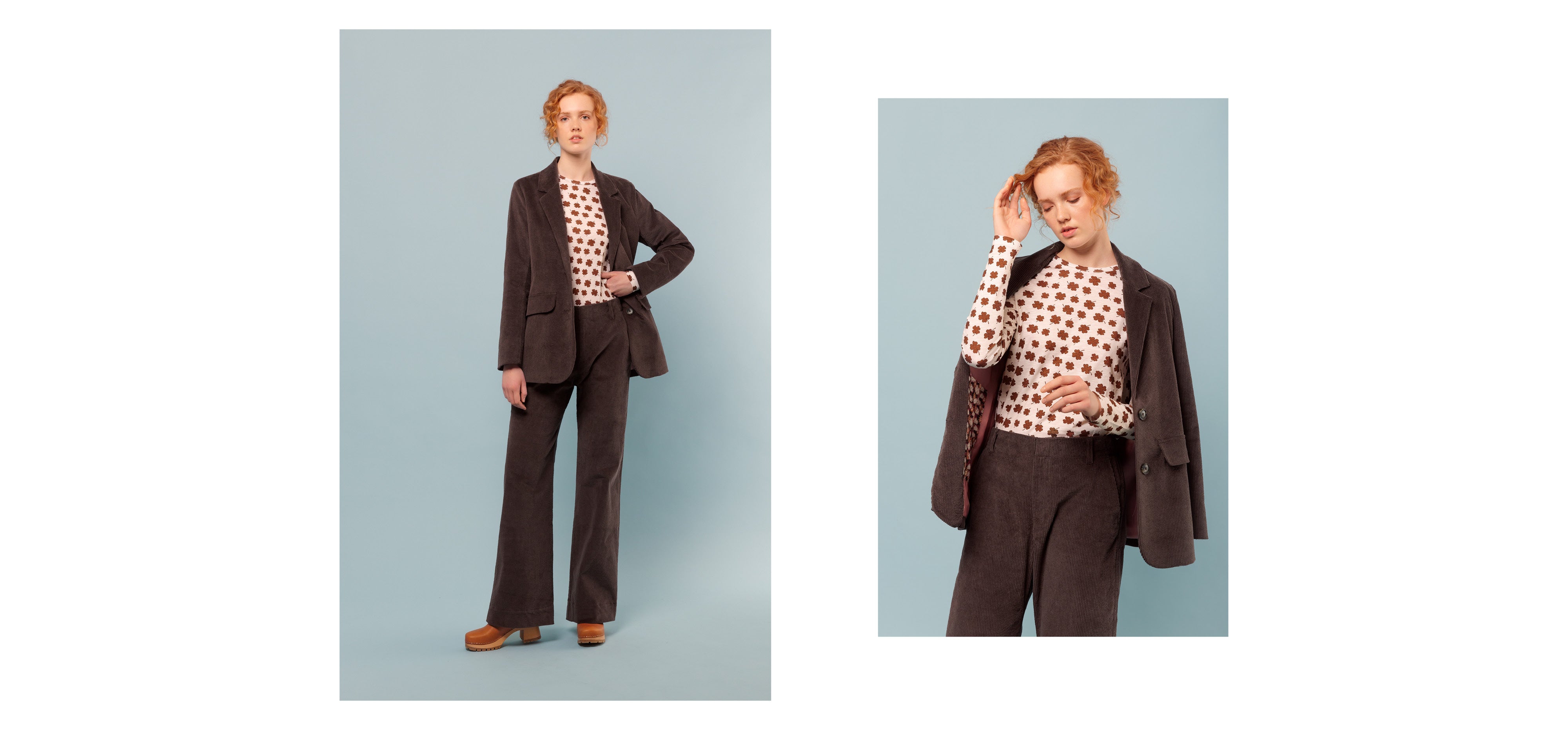 Brown corduroy pants and jacket with pockets and buttons and long sleeved t-shirt with four-leaved clover print