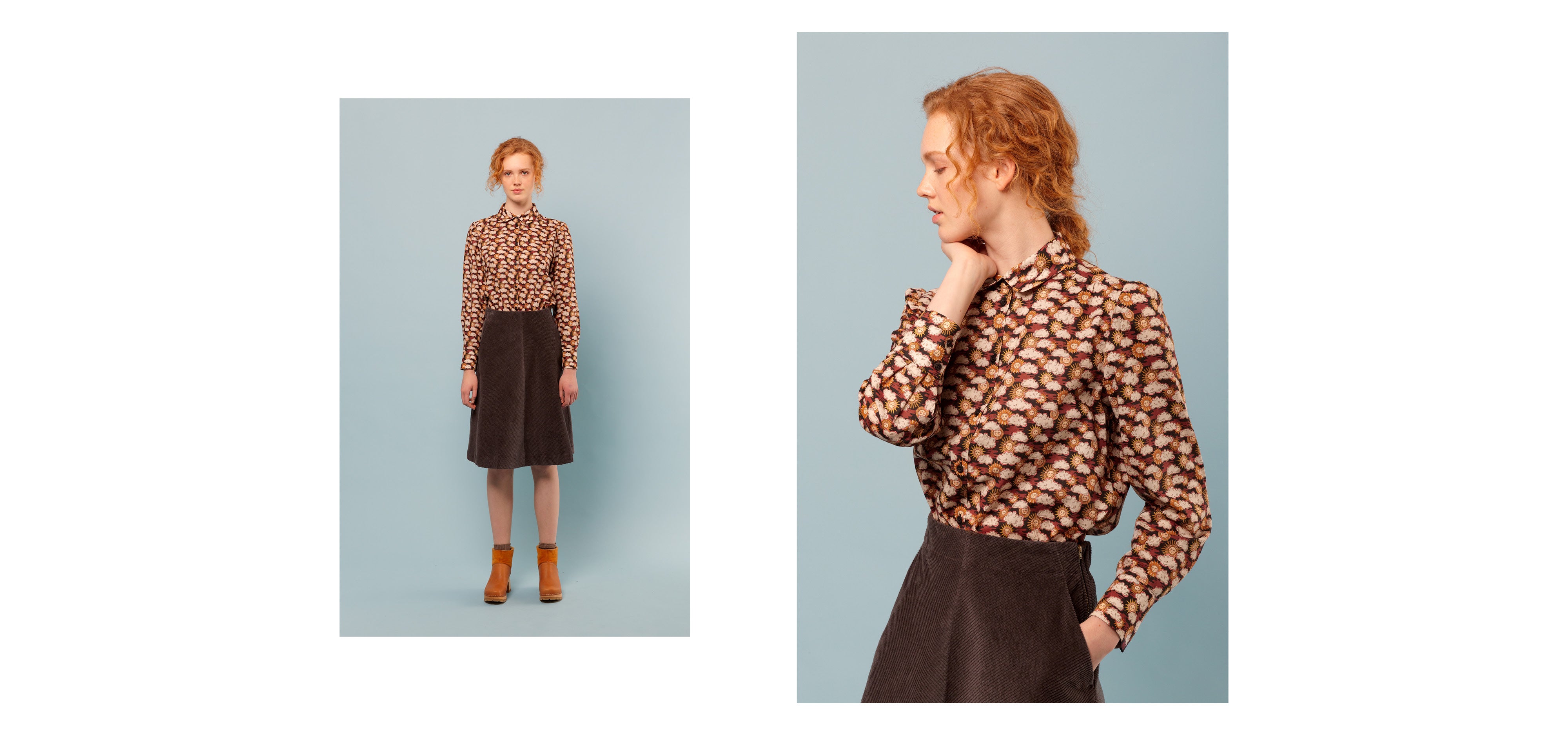 Woman in brown baby corduroy midi skirt and long sleeved shirt with sun and cloud pattern