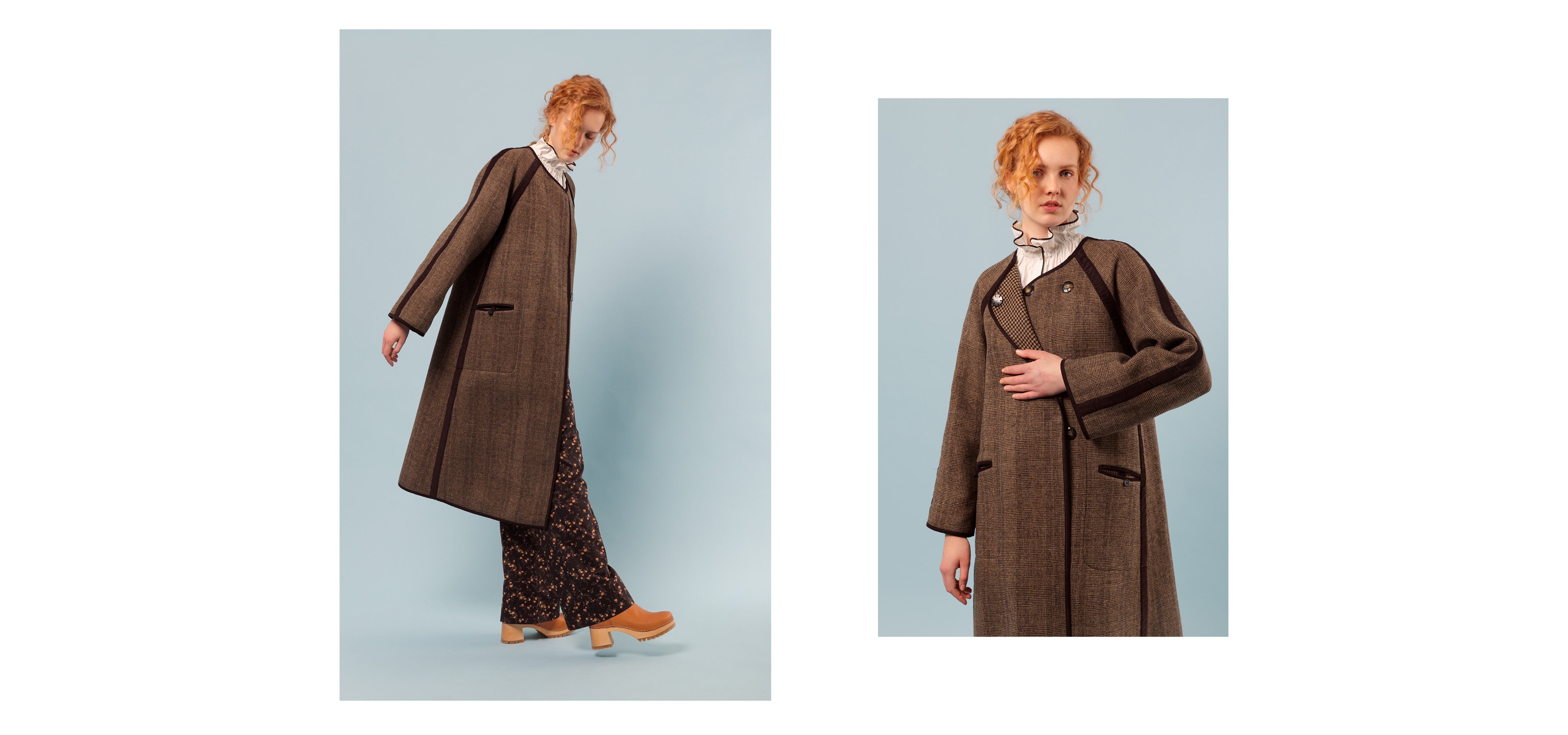 Brown floral patterned pants, white shirt with frilled collar and brown coat