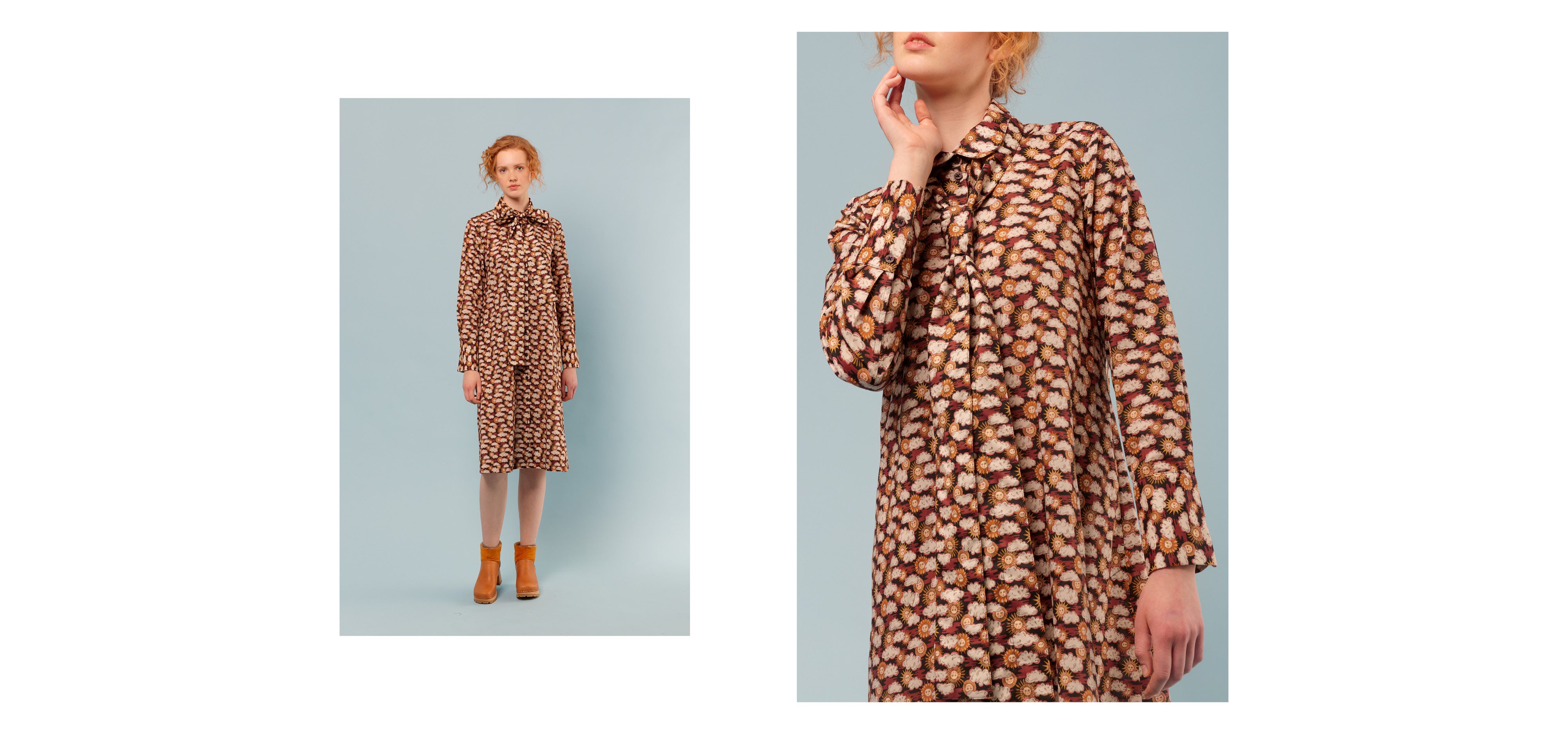Liberty cotton print dress with sun and cloud pattern and collar bow in brown, white and orange colors