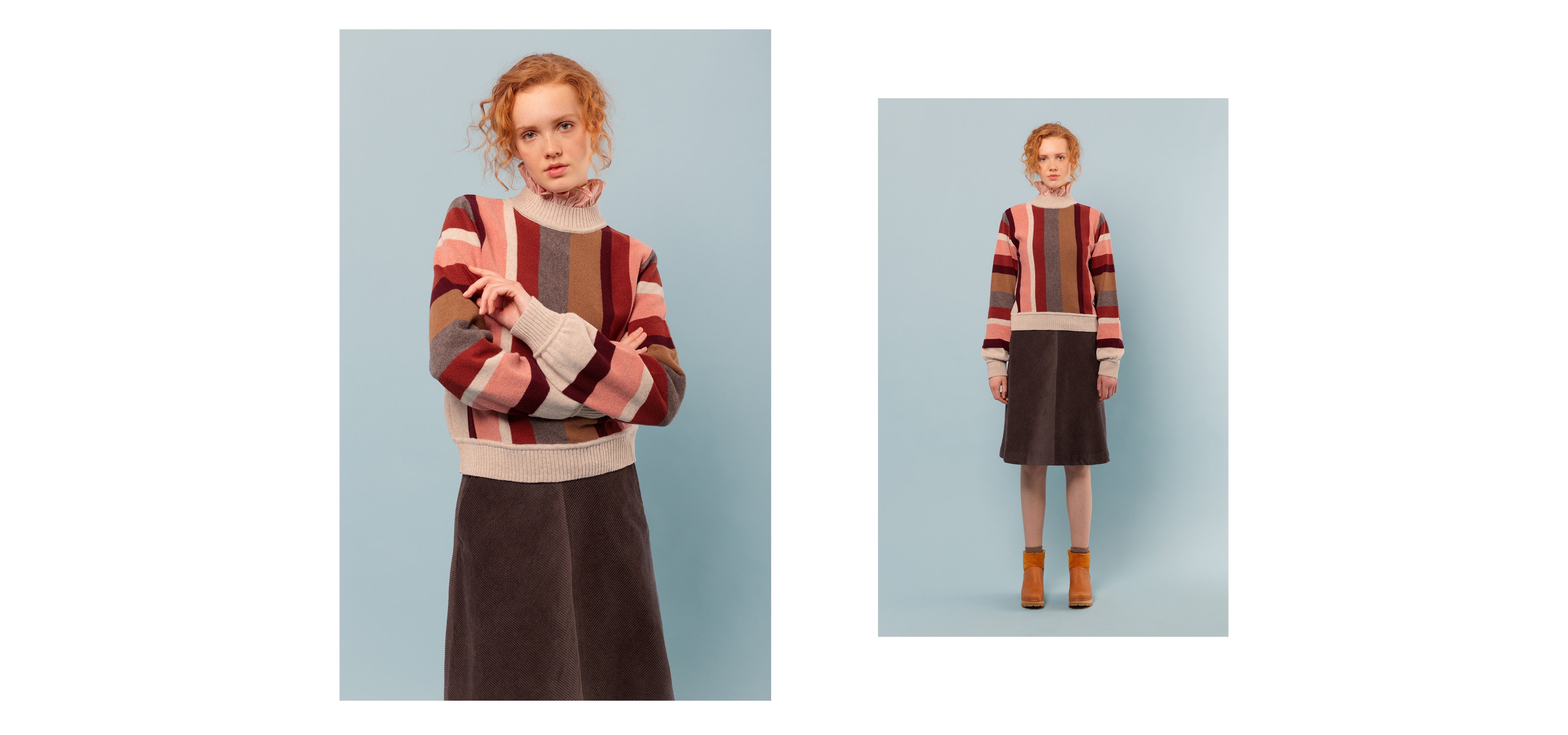 Woman in brown corduroy midi skirt, striped wool pullover and pink shirt with frilled collar