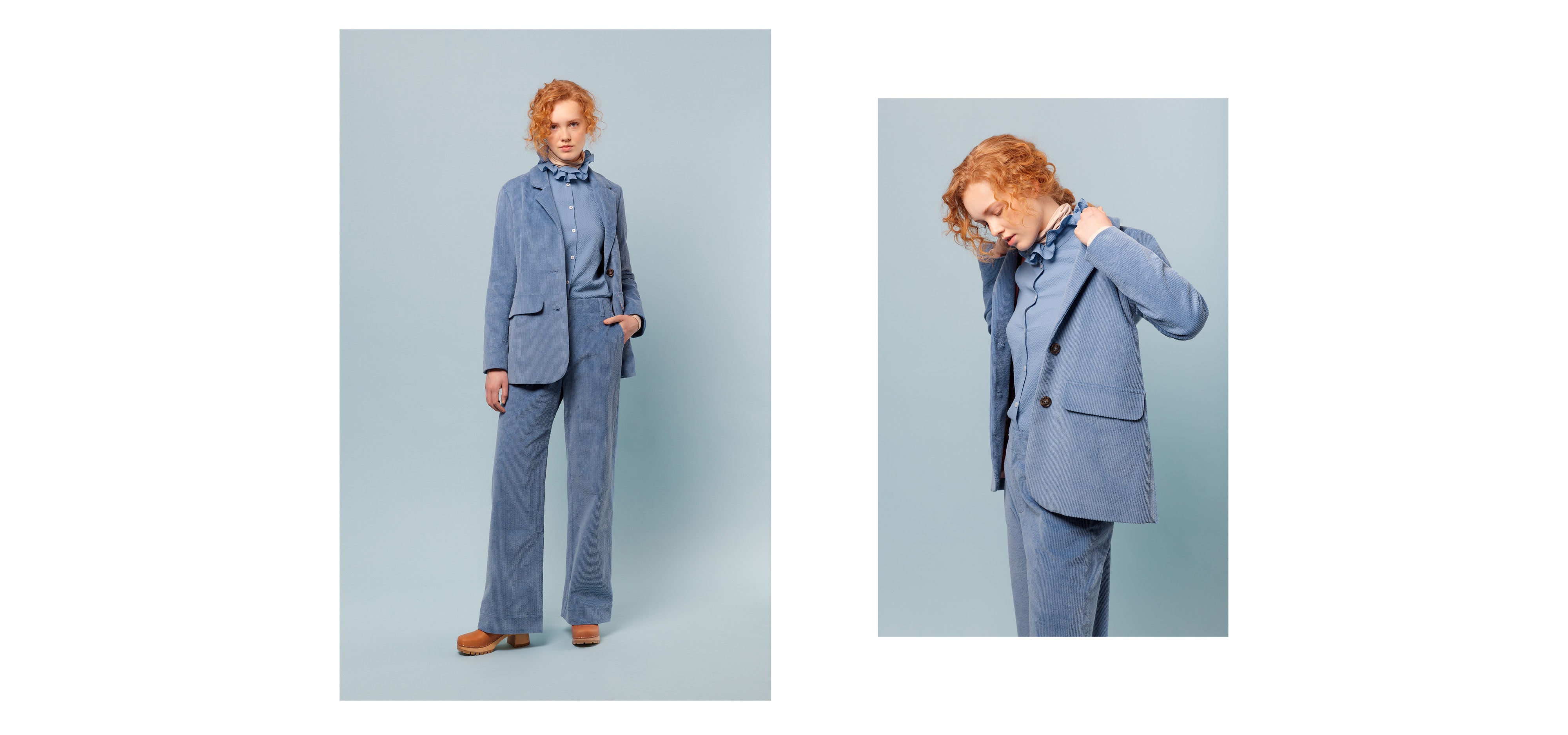 Woman in blue corduroy pants and jacket with pockets and blue shirt with frilled collar