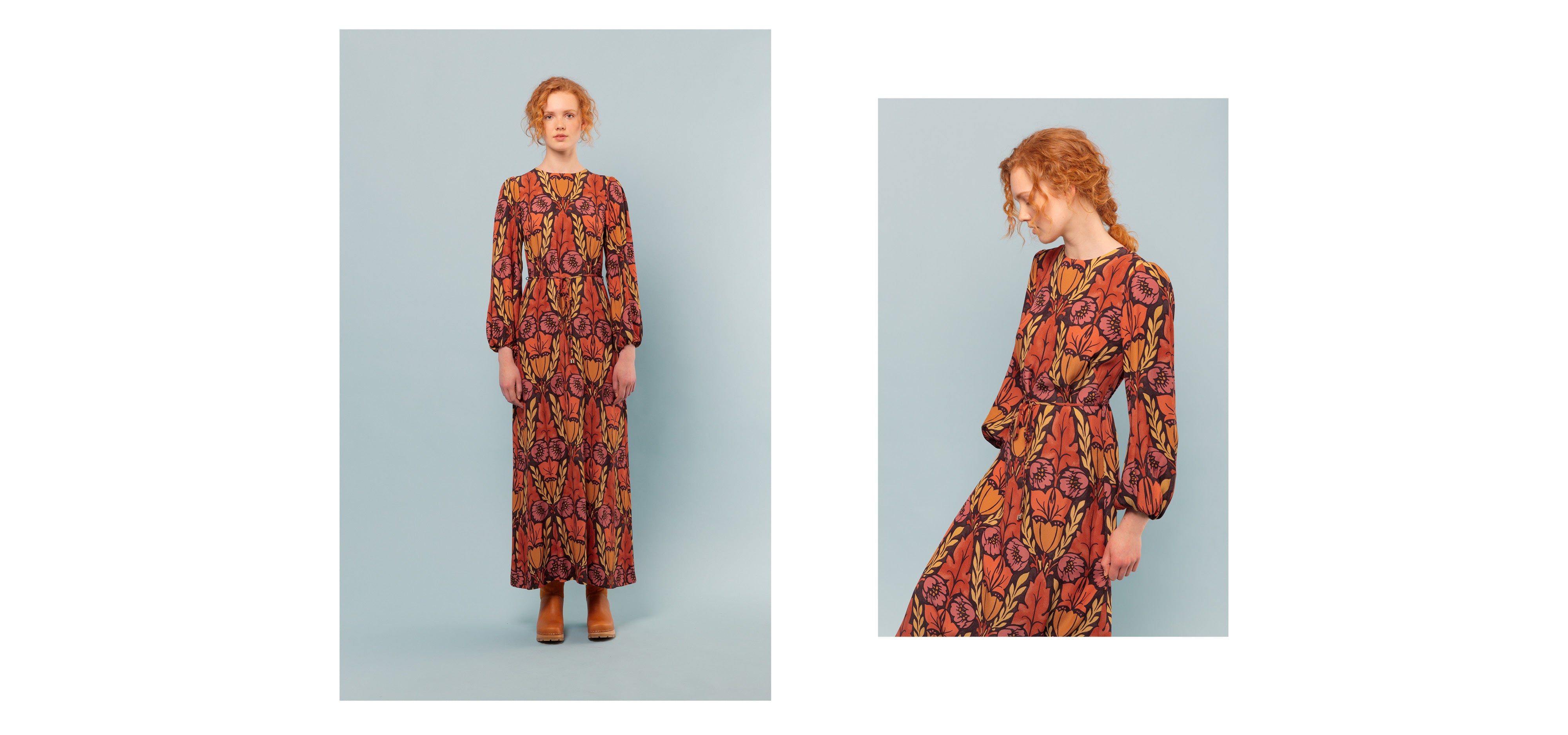 Woman in long dress with brown orange and purple print an long sleeves