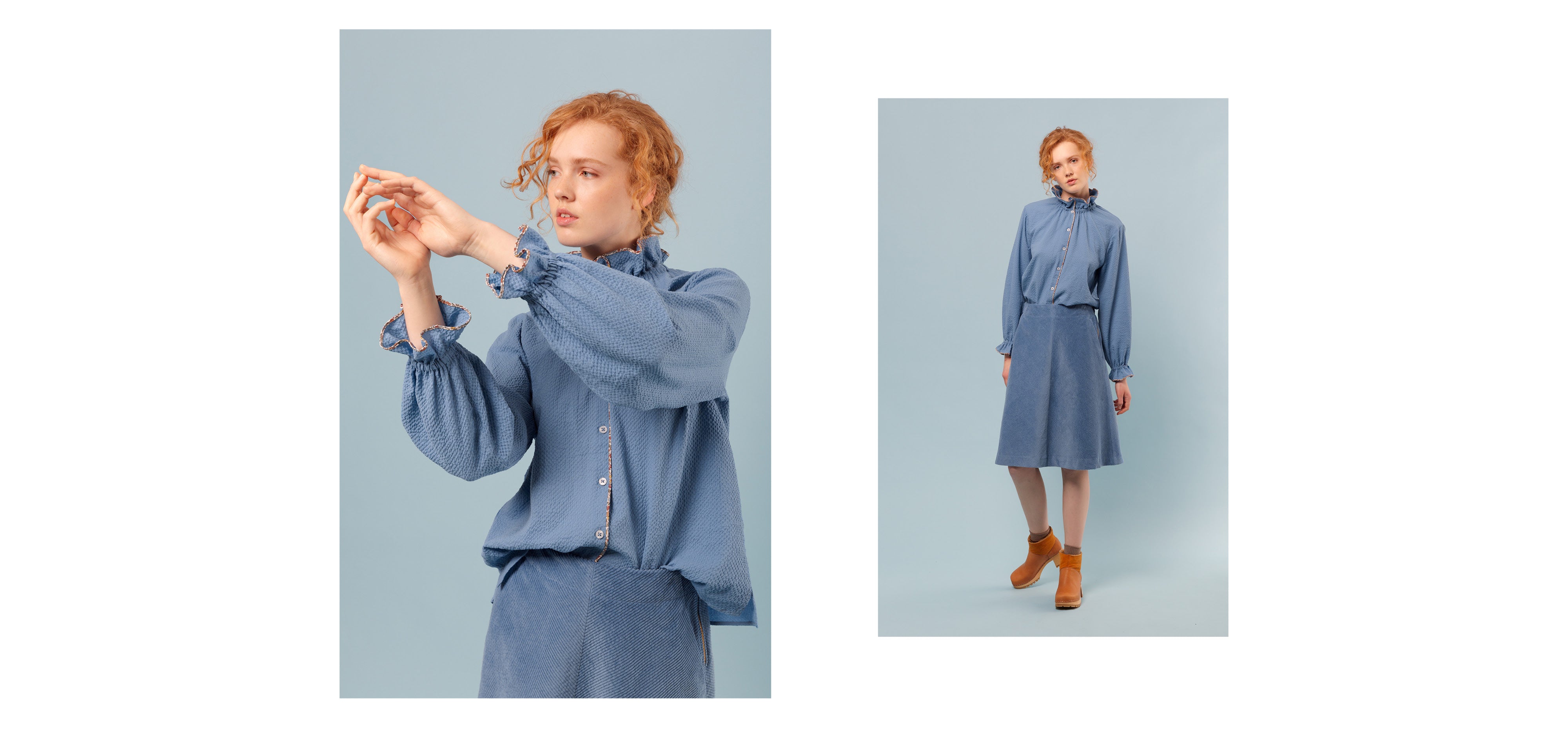 Woman in blue codruroy midi skirt and long sleeved blue shirt with frilled collar and cuffs