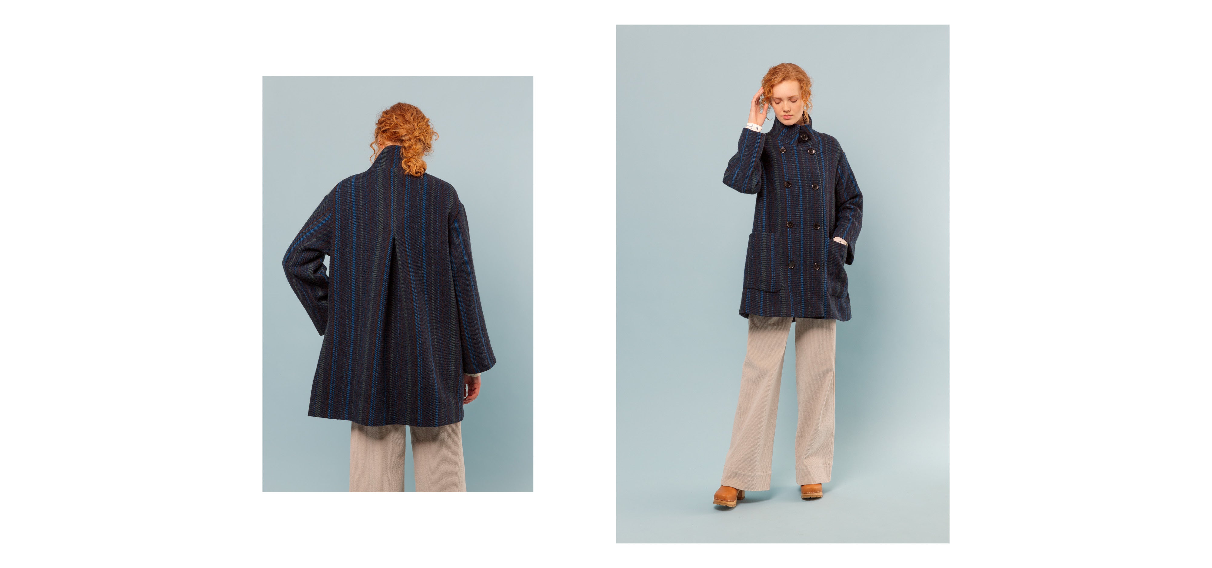 Woman in off-white corduroy pants andstriped wool coat with buttons and standing collar