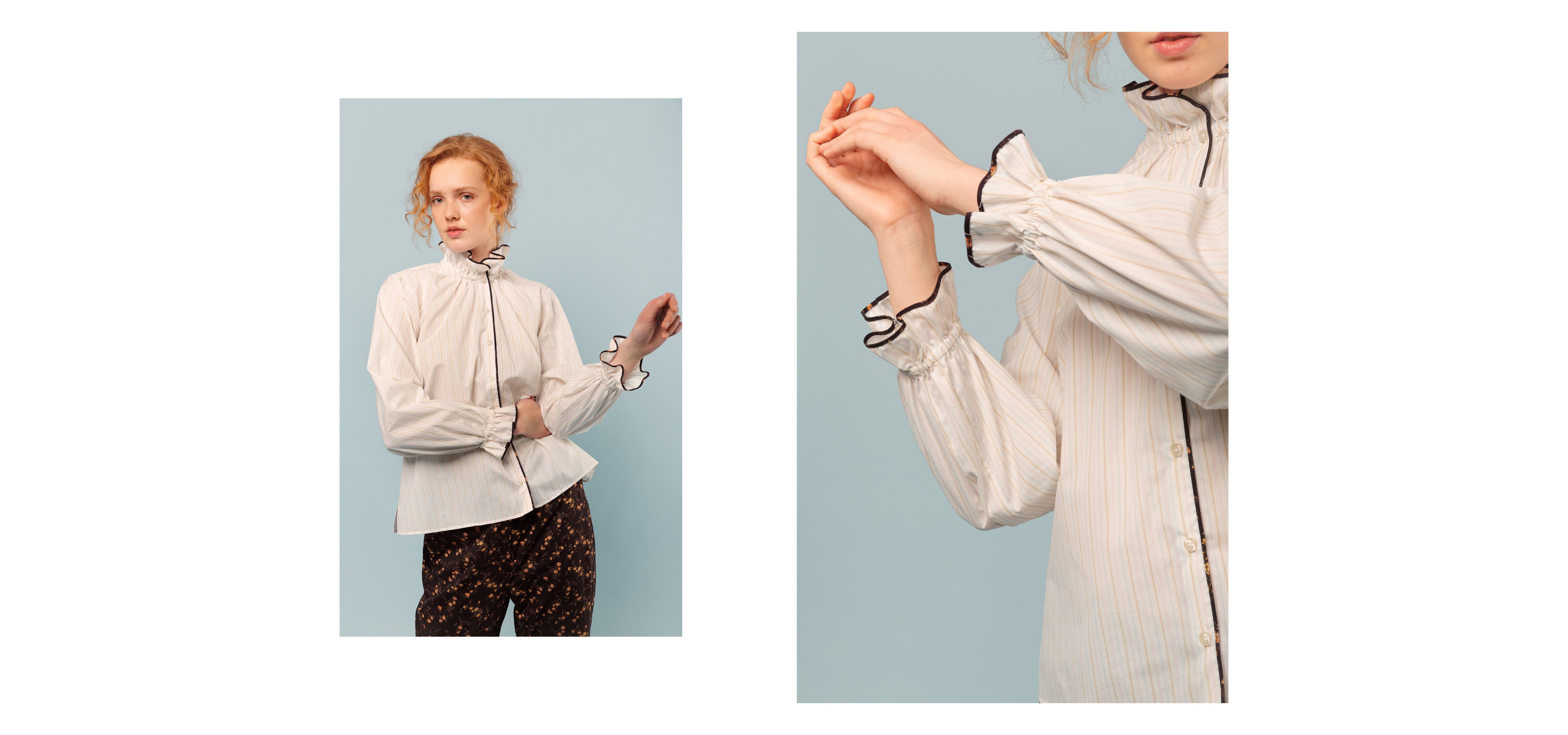 Woman in floral print pants and off-white striped shirt with long sleeves and frilled collar and cuffs