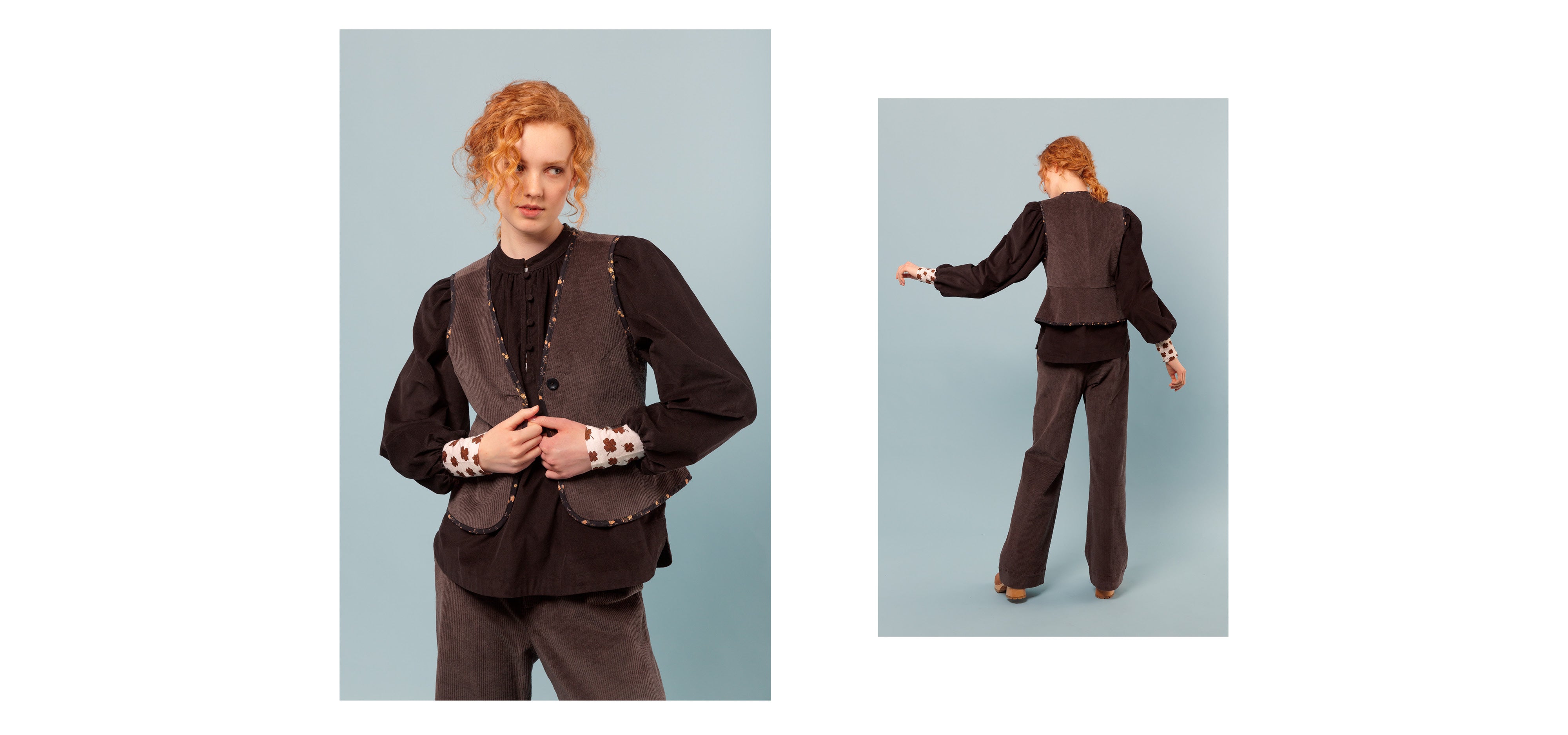 Woman in brown pants, brown corudroy shirt, long sleeve print t-shirt and corduroys vest with floral lining