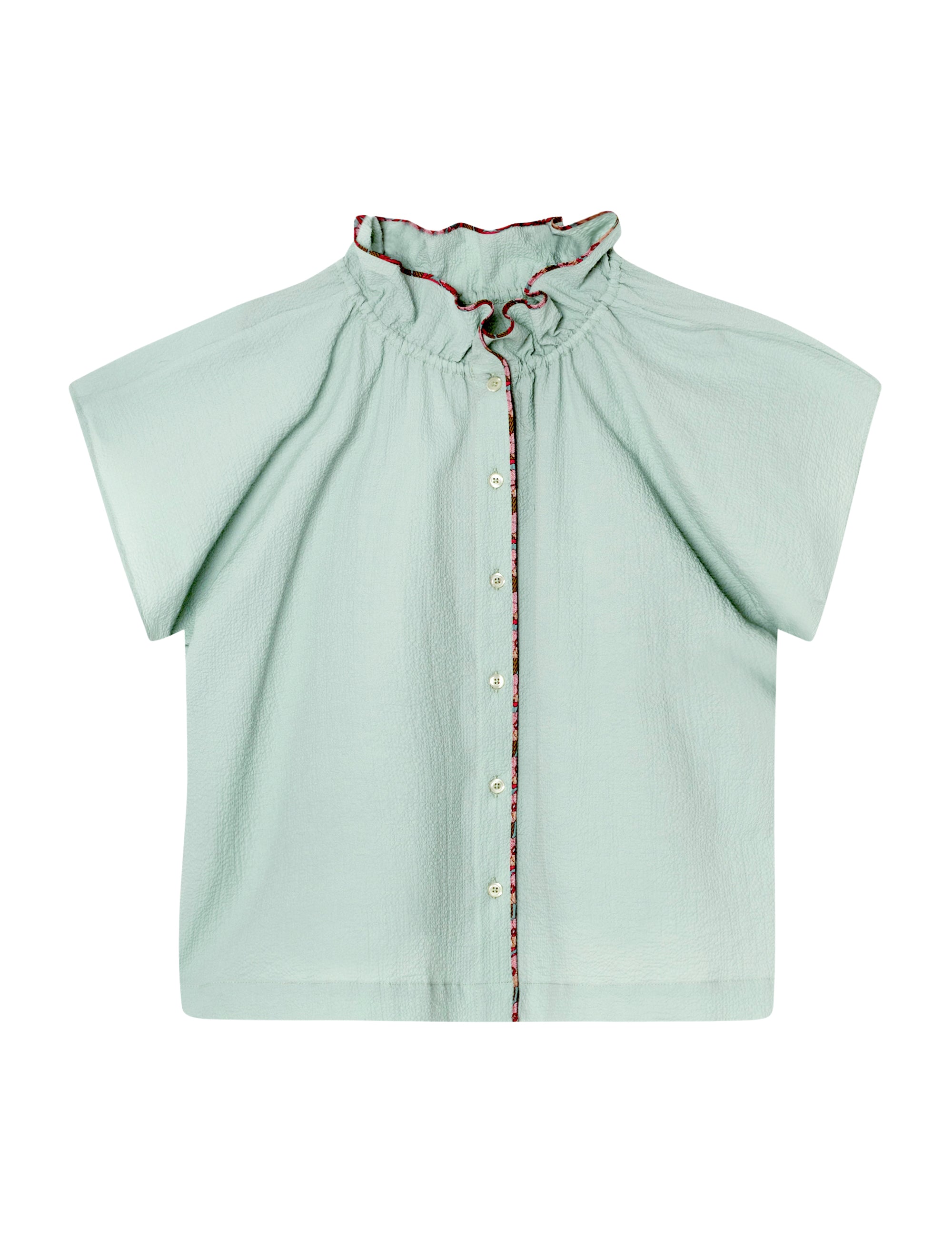 Blue sleeveless top with frilled stand collar, buttons and floral pipings