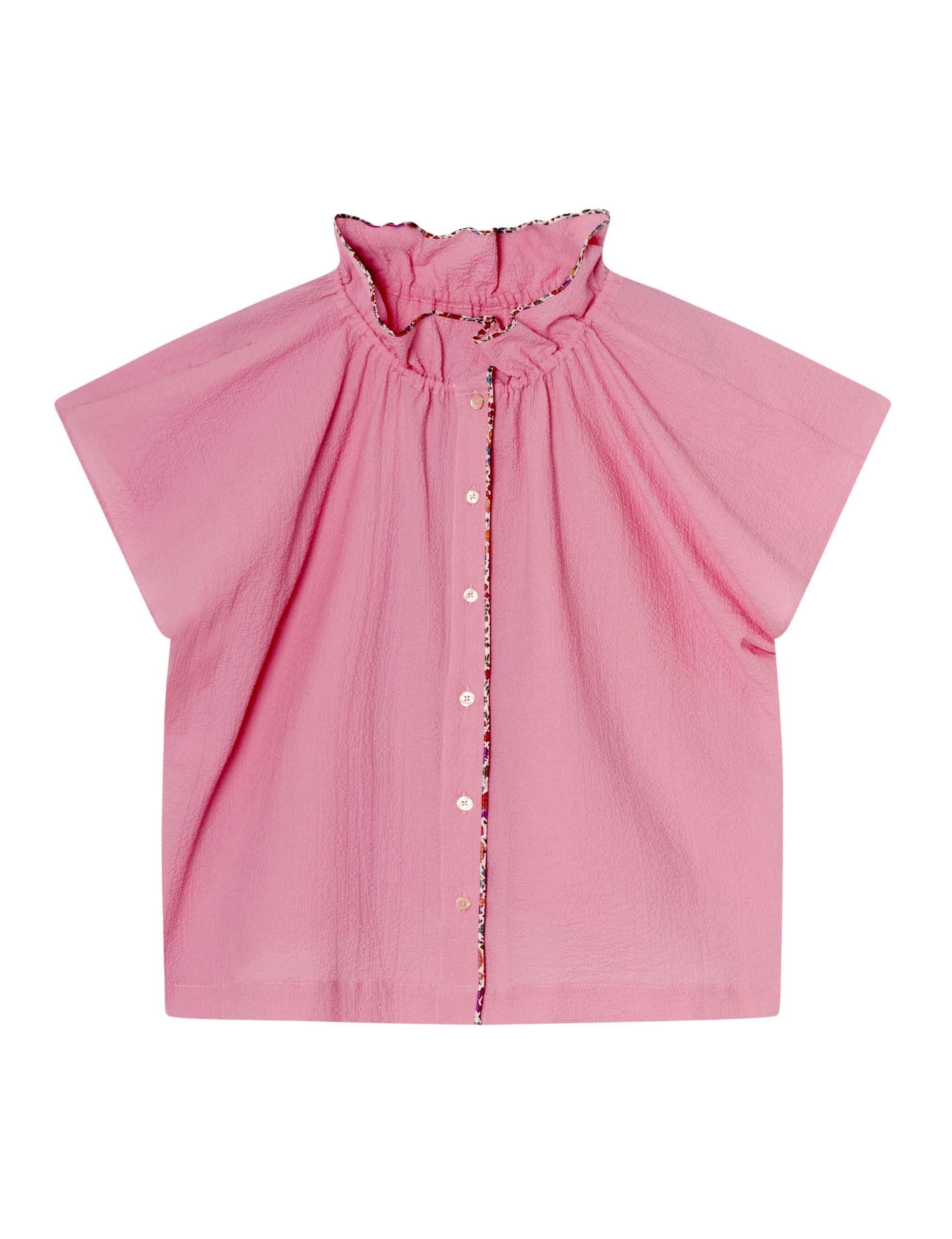 Pink sleeveless top with stand collar floral pipings and buttons