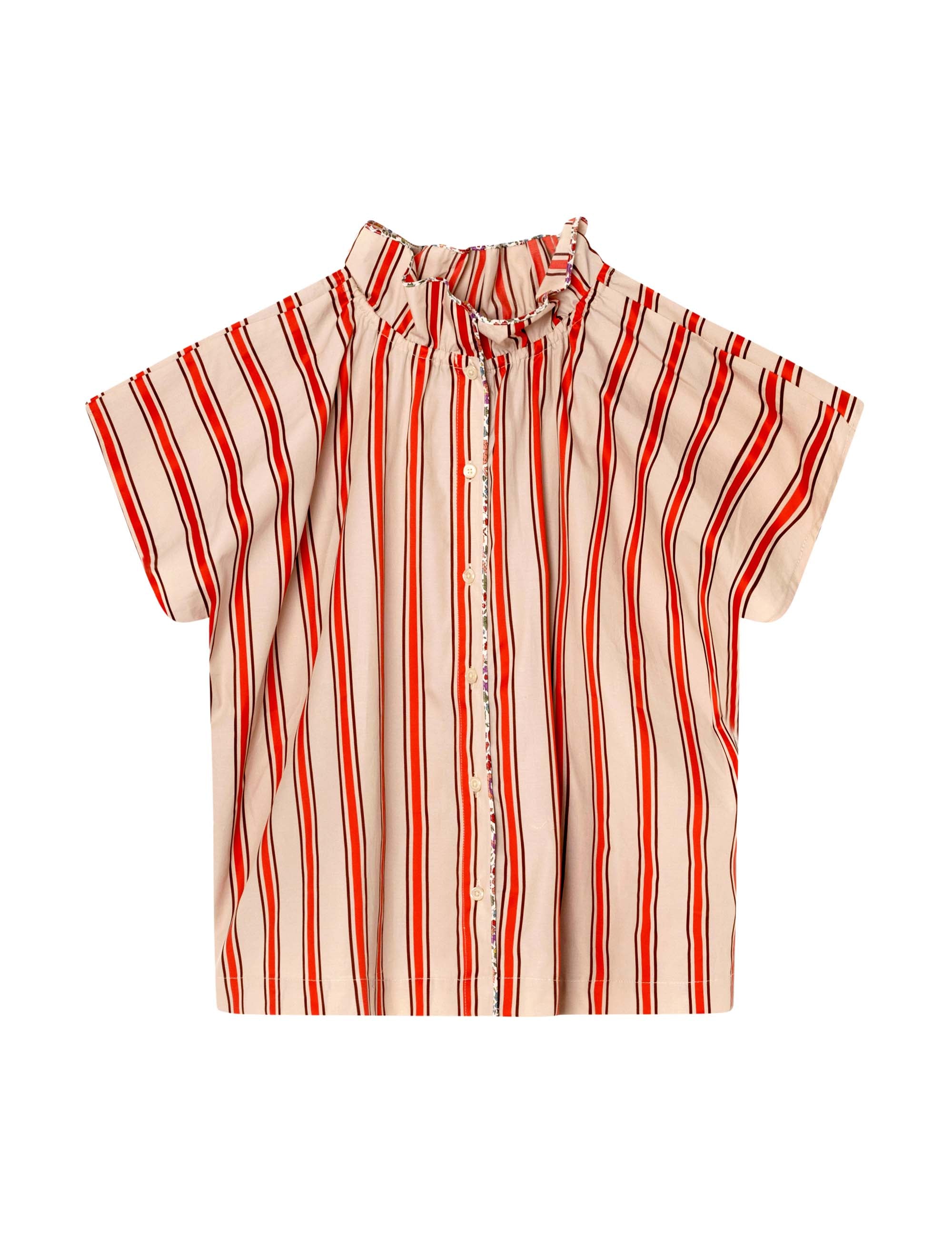 Red and white striped sleeveless top with stand collar