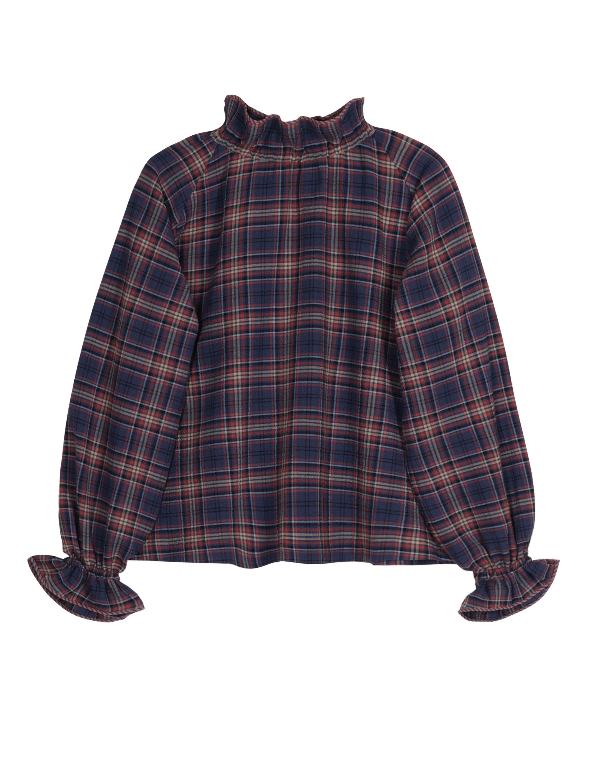 Long-sleeved checked blouse with a ruffled collar and gathered cuffs