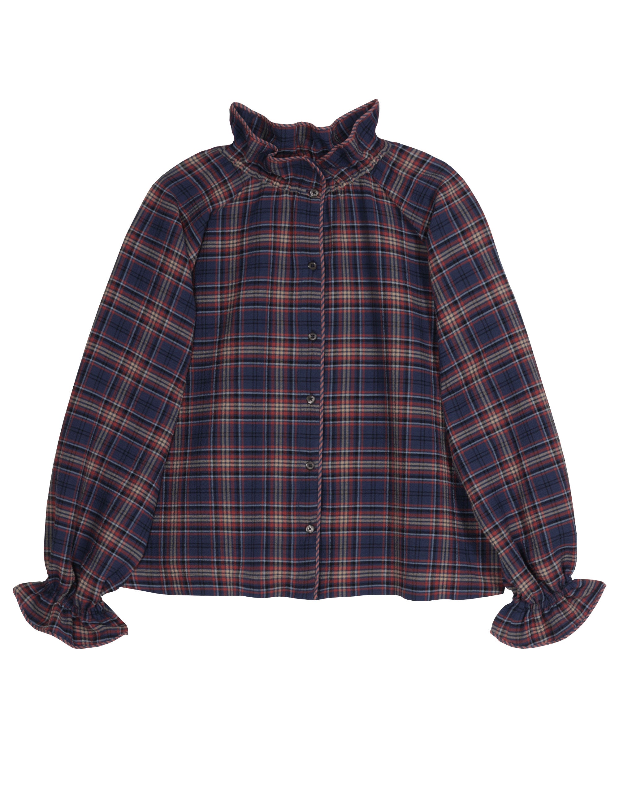 Long-sleeved checked blouse with a ruffled collar and gathered cuffs