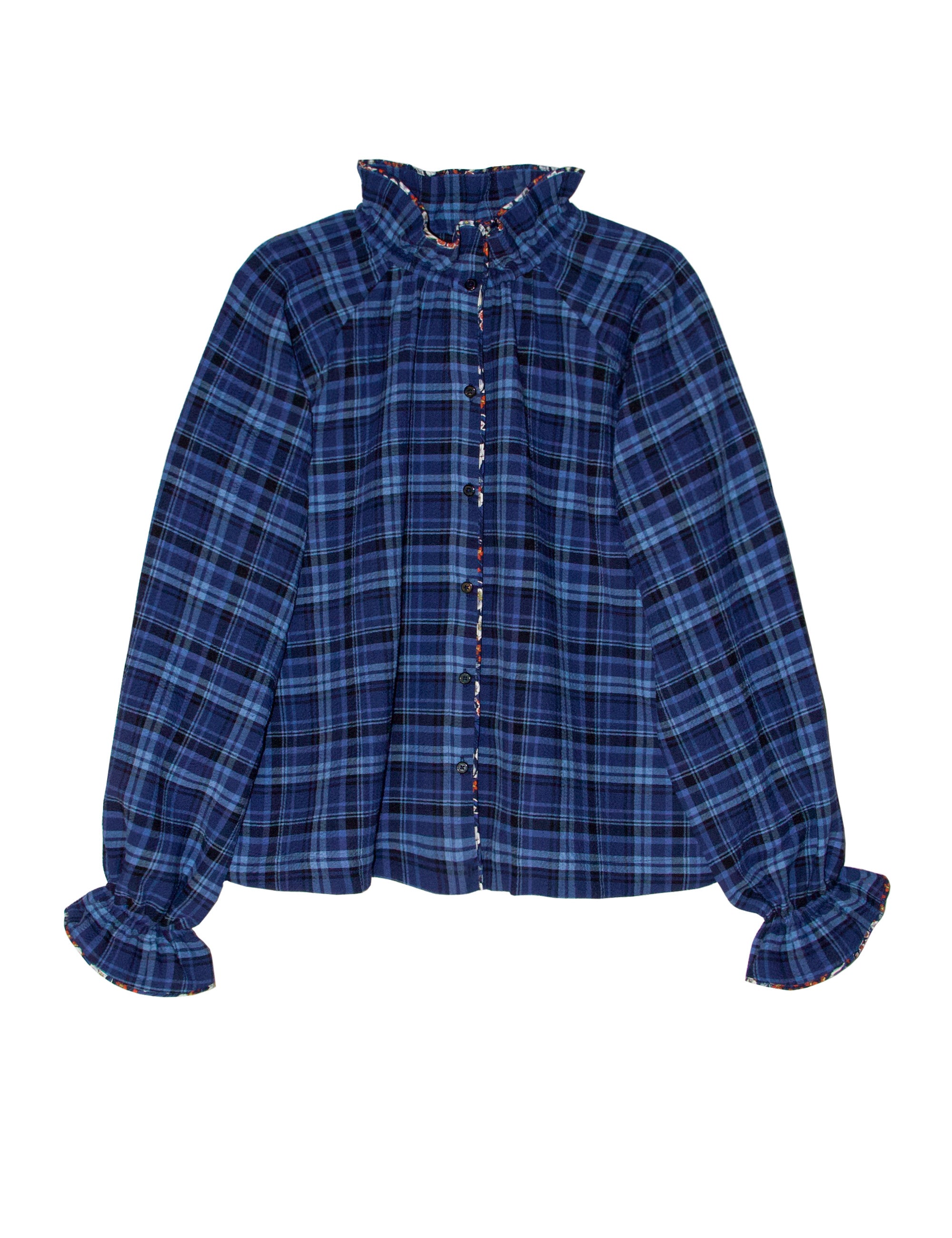 Womens' long sleeved shirt in seersucker with blue check pattern and frilled cuffs and collar