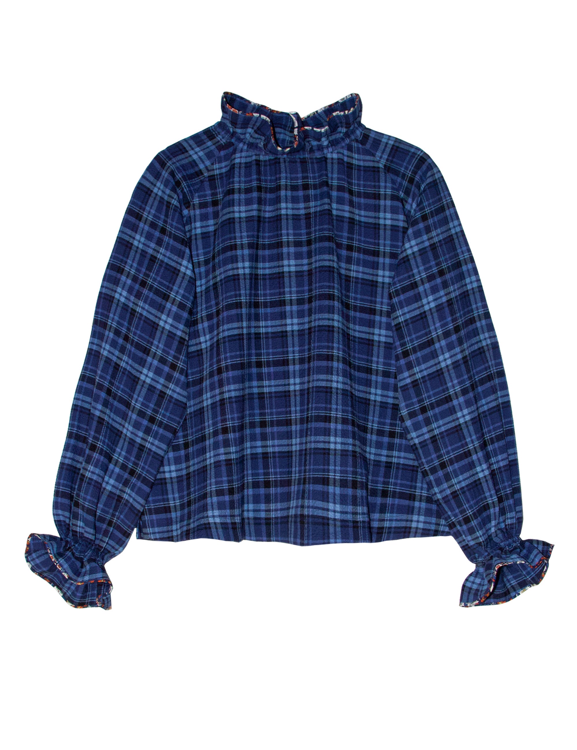 Womens' long sleeved shirt in seersucker with blue check pattern and frilled cuffs and collar