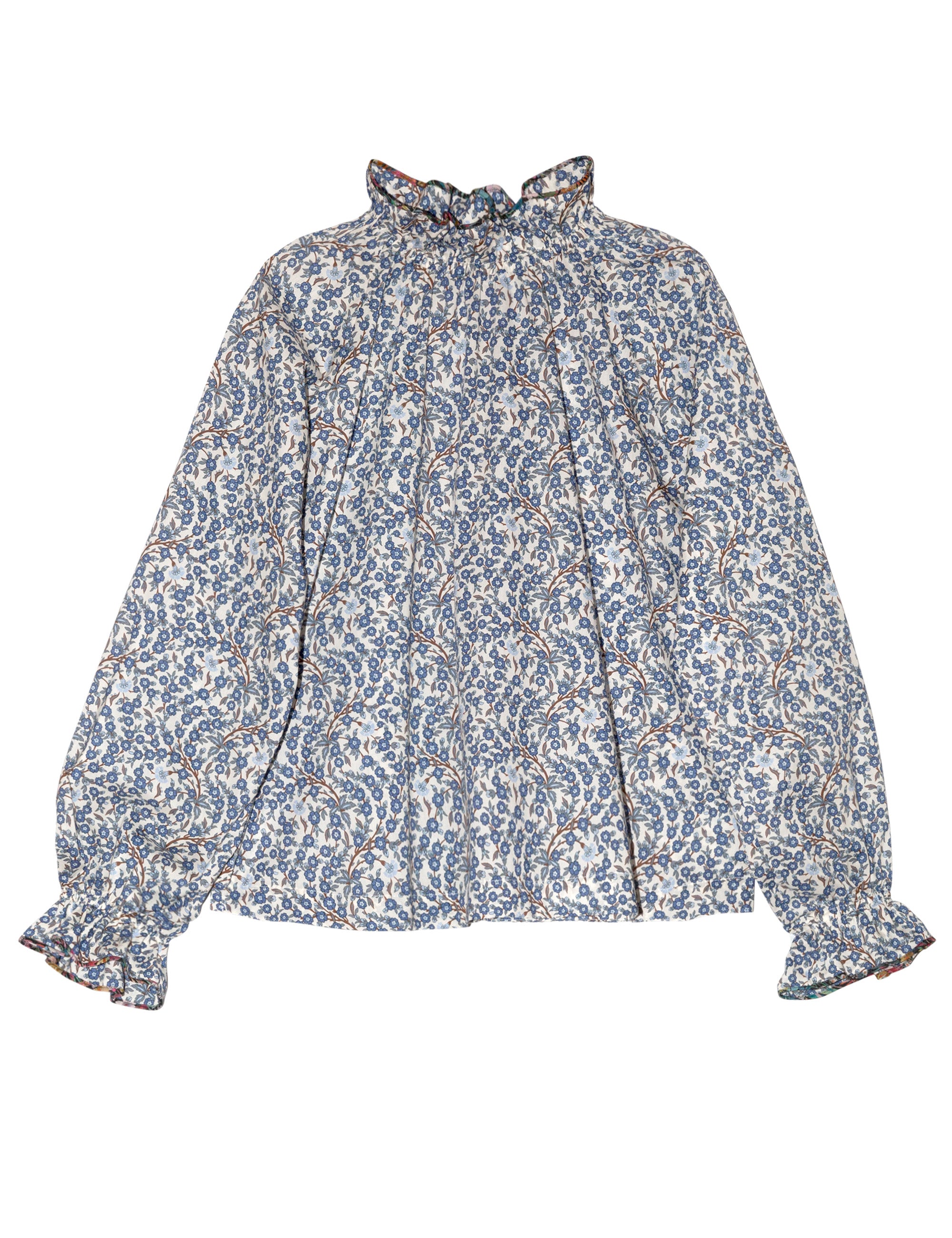 Women's liberty cotton blue and white floral print shirt with frilled cuffs and collar