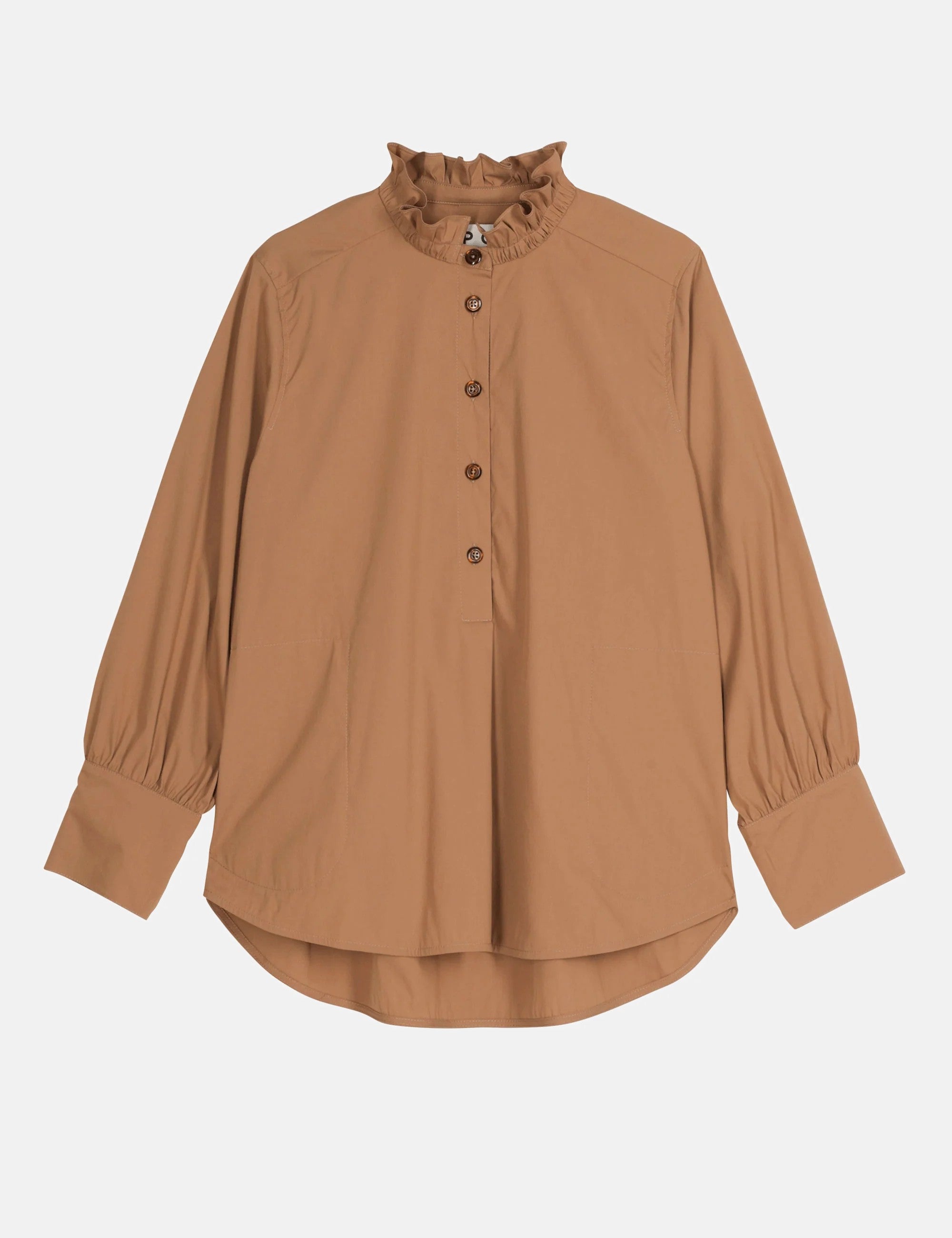 Brown blouse with a high ruffled collar, long sleeves and buttons