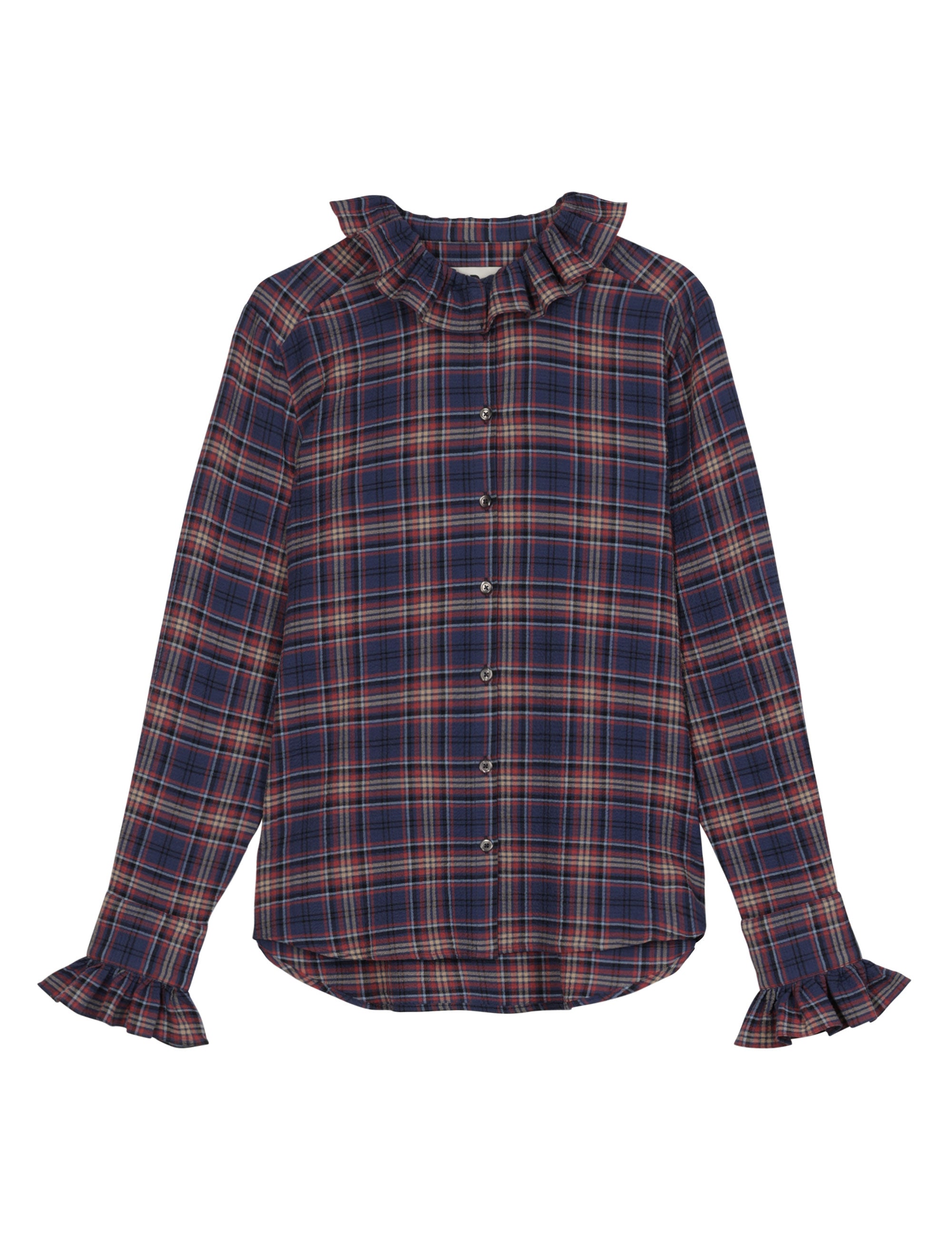 long-sleeve check blouse with ruffle collar and cuffs