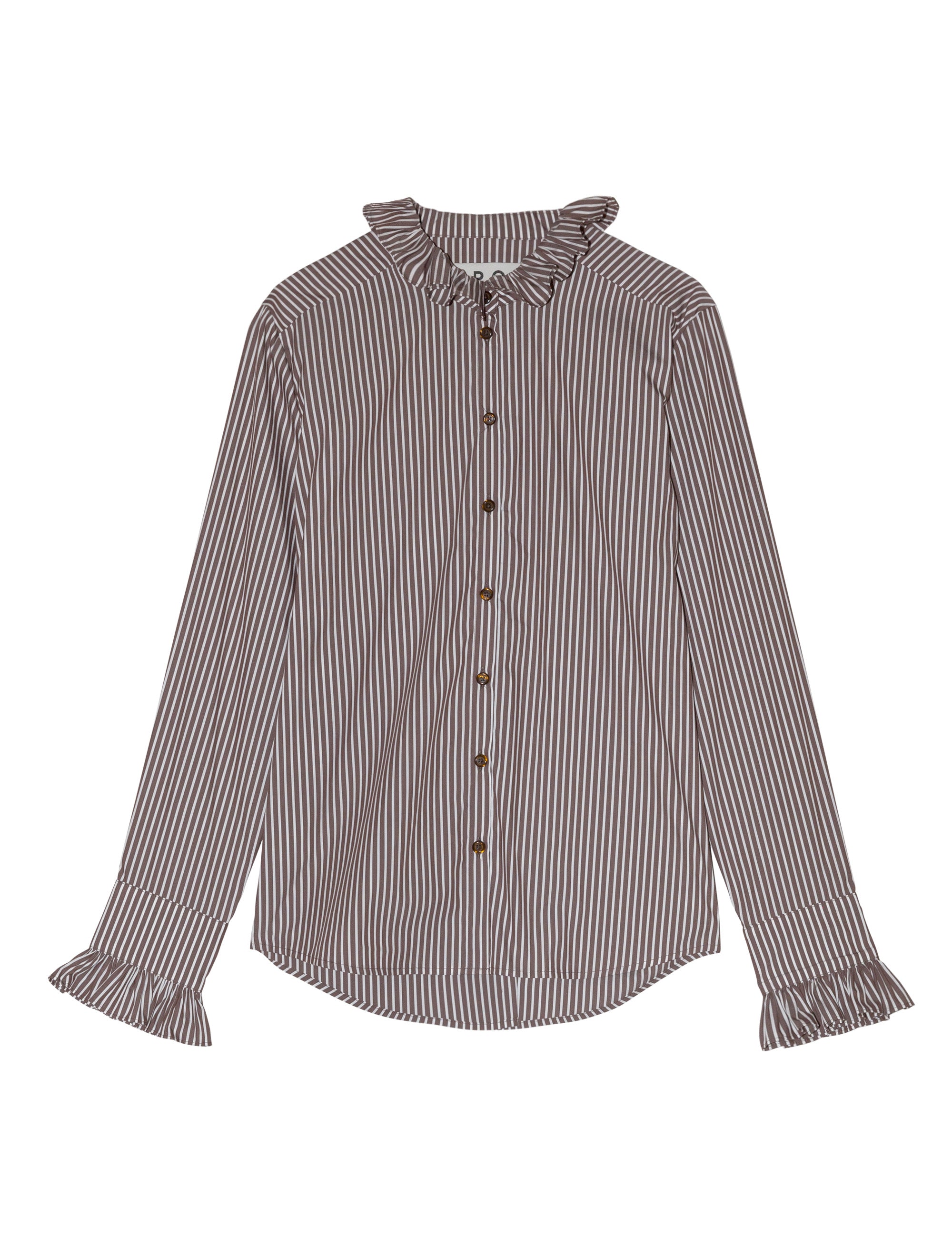 Women's brown and white striped shirt with long sleeves, buttons, frilled cuffs and collar