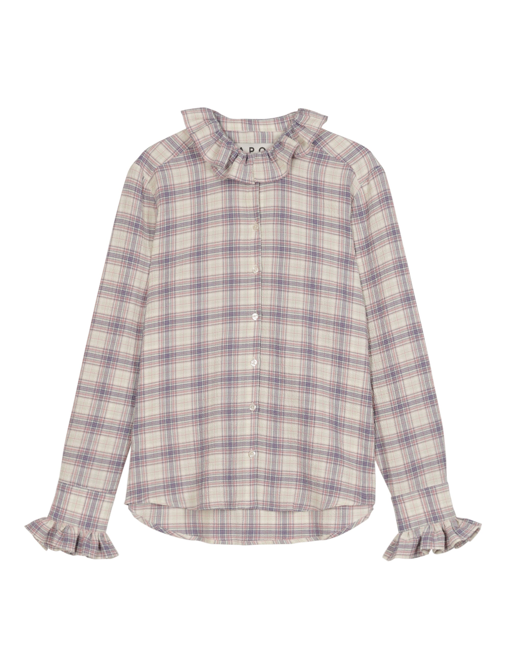 Flat lay of ruffle-collared check blouse in cream and lilac tones with gathered cuffs