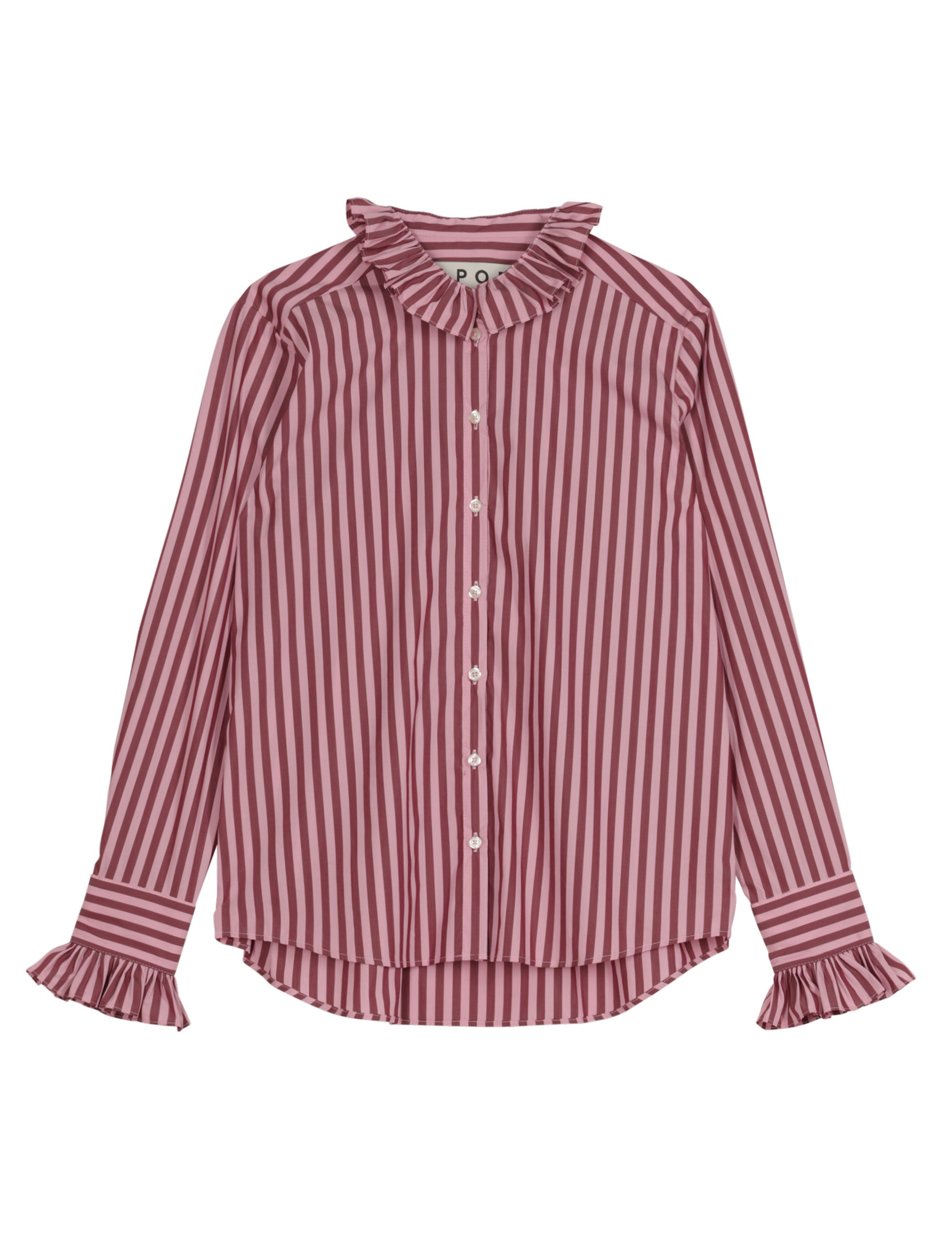 Pink and white striped blouse with ruffled details on a white background