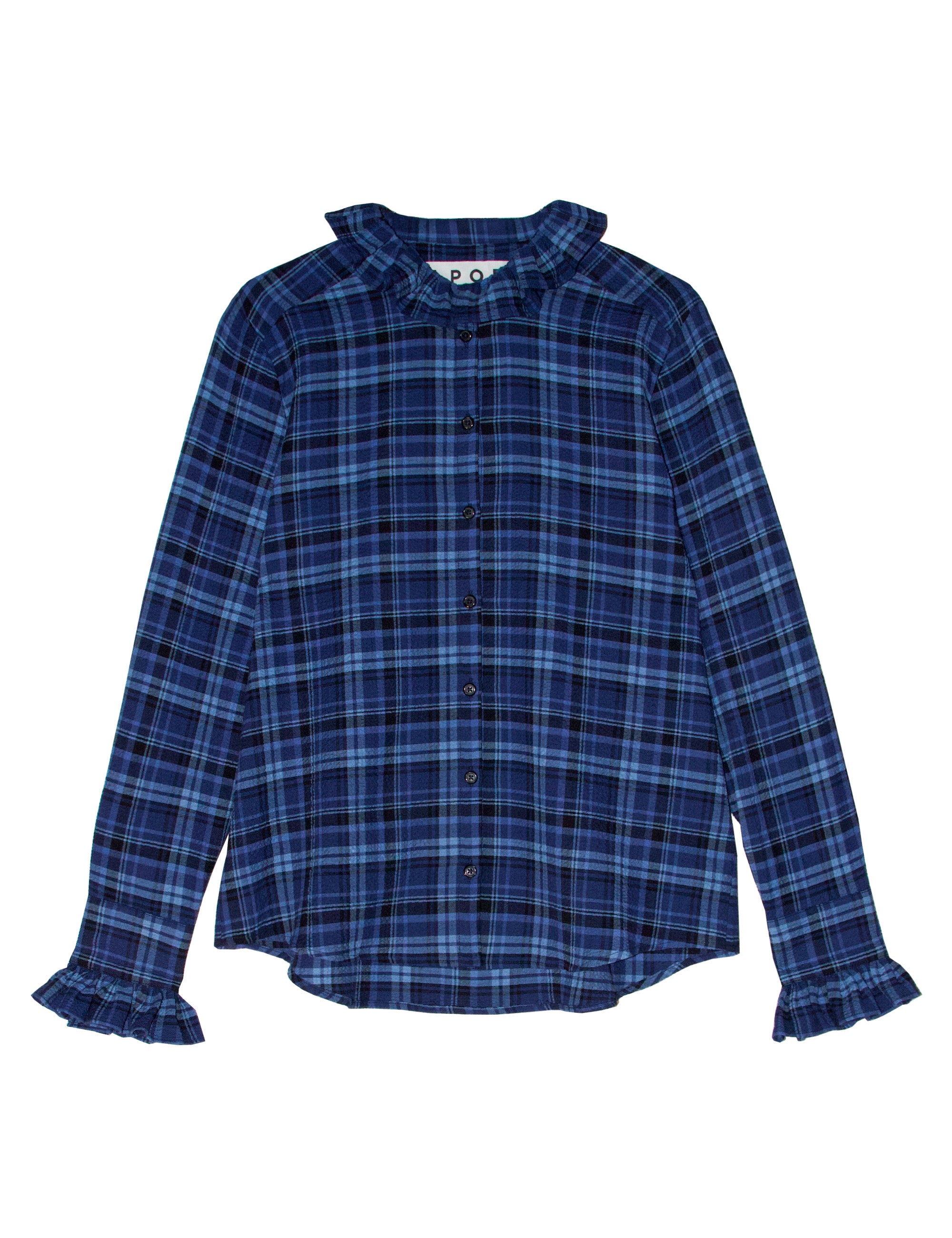 Womens' long sleeved shirt in seersucker with blue check pattern and frilled cuffs and collar