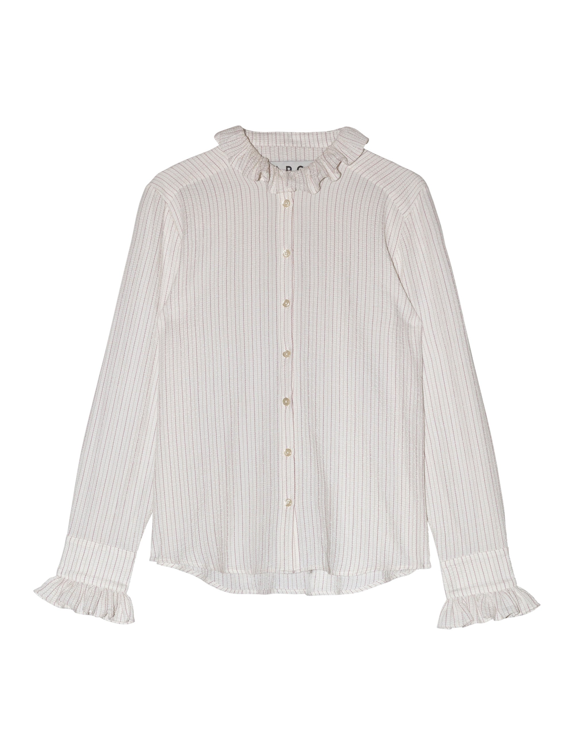 Women's long sleeved shirt in white seersucker with light red stripes, frilled collar and cuffs