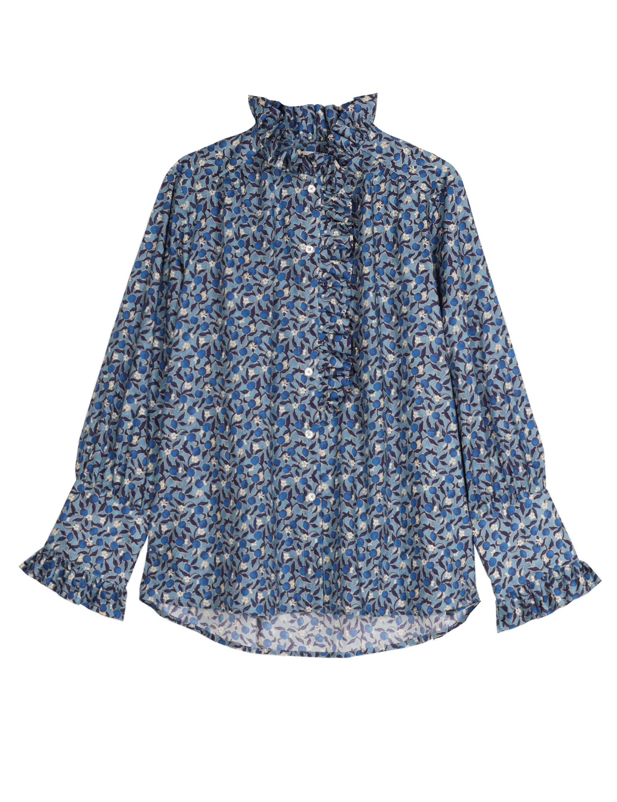 Flat lay of blue floral blouse with high frilled collar and gathered cuffs