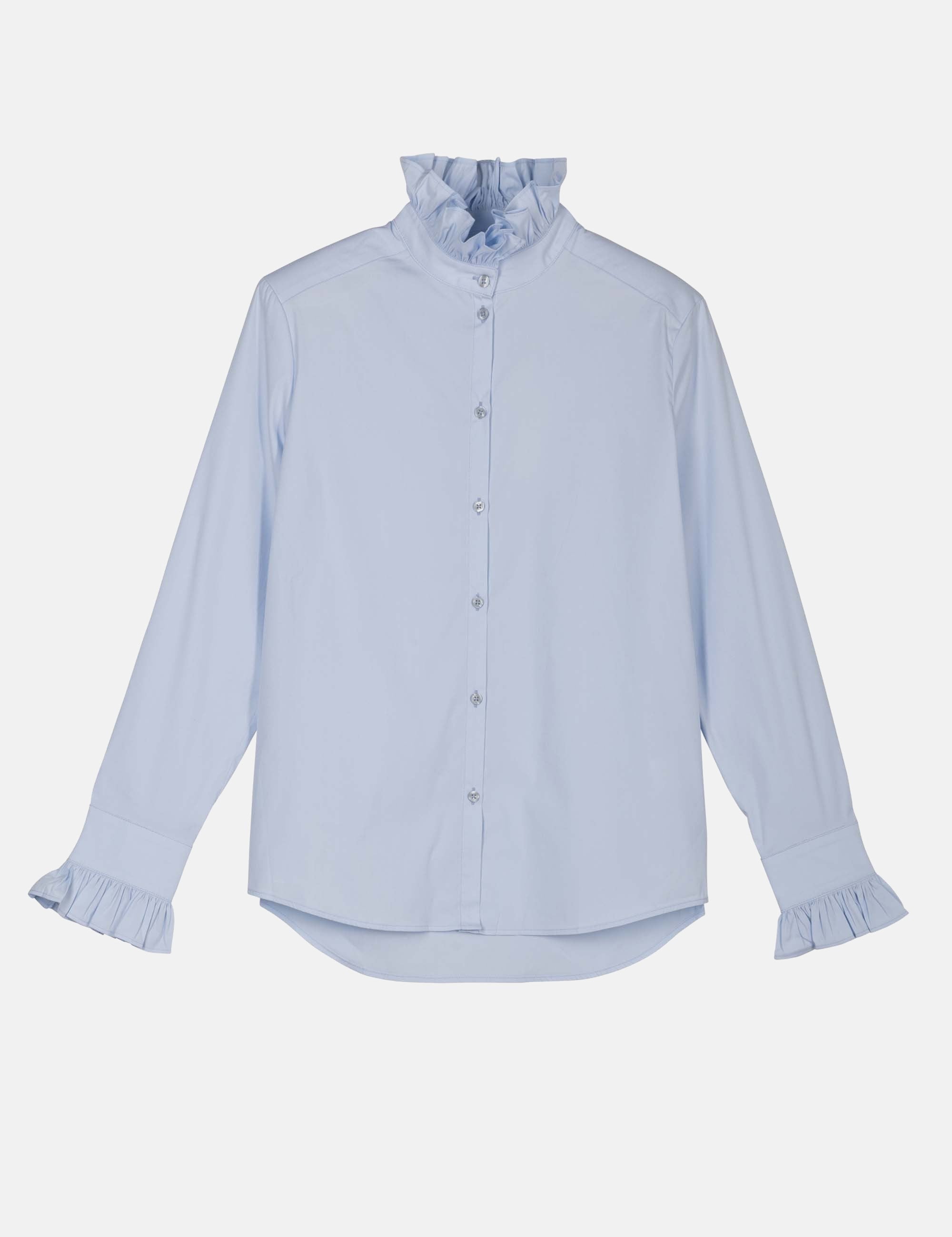 A light-blue long-sleeved women's shirt with a frilled collar and cuffs
