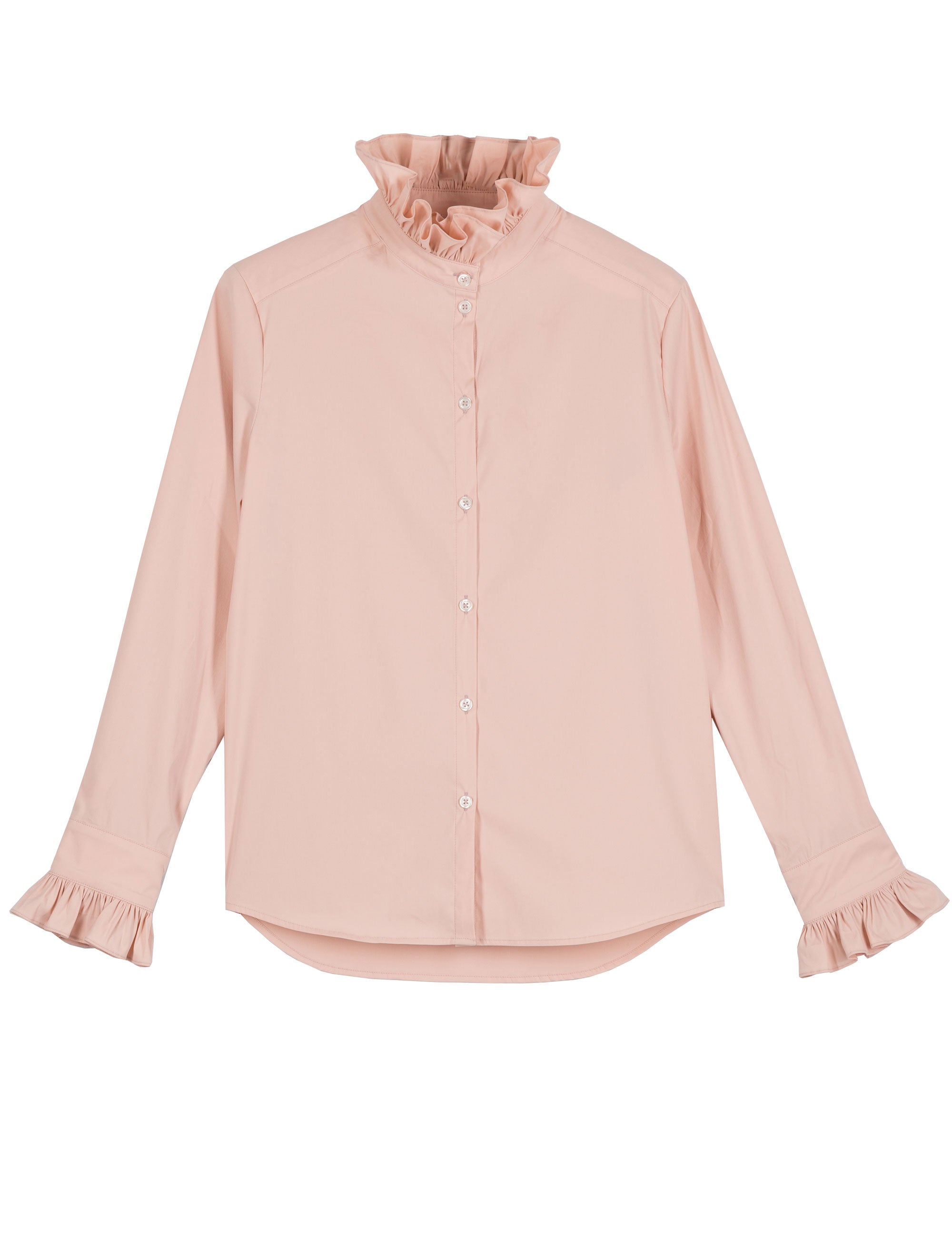 Pink women's shirt with frrilled cuffs and frilled stand collar