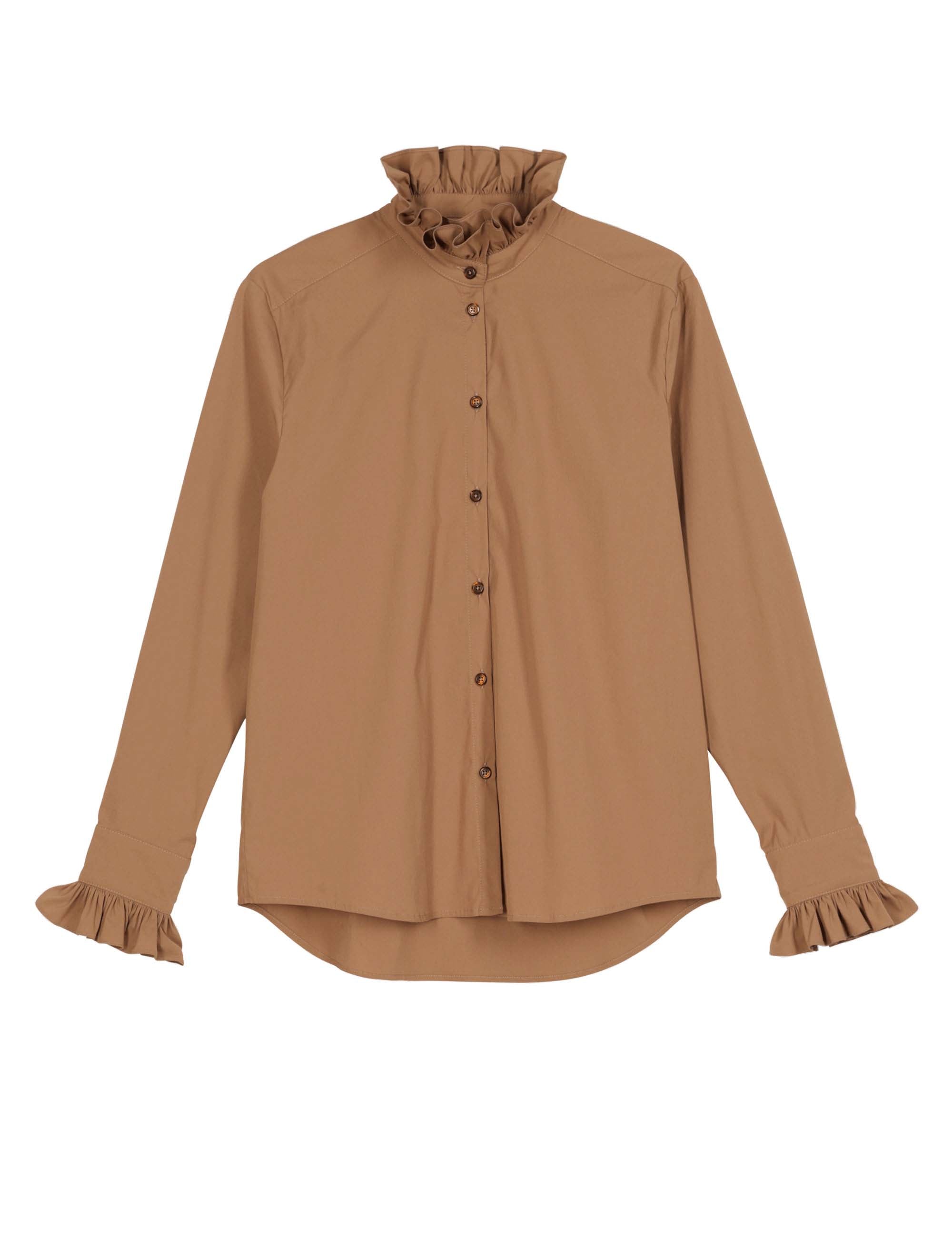 Toffee-colored blouse with ruffled high neck and cuffs, button-down front