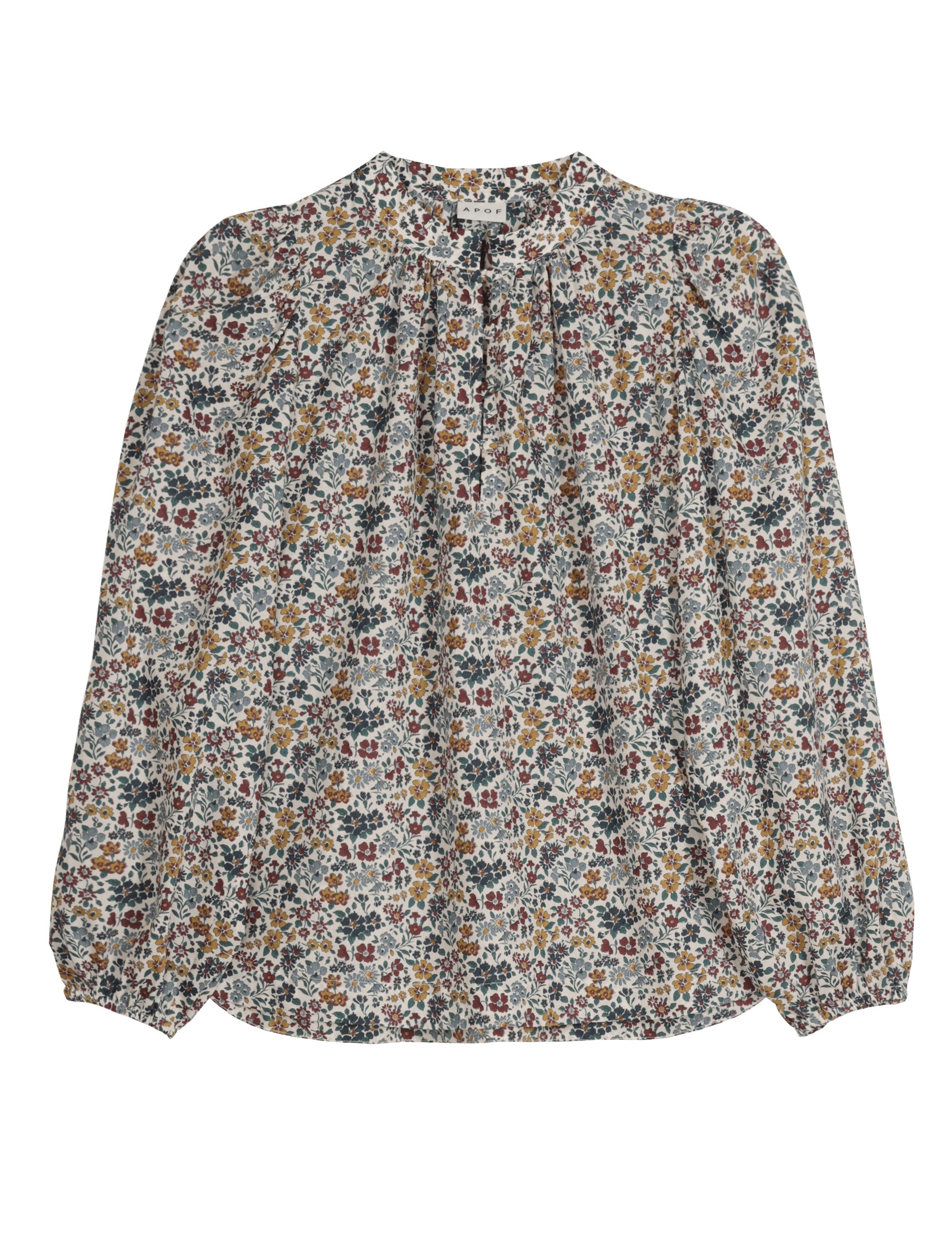Long-sleeved floral blouse with gathered neckline and cuffs