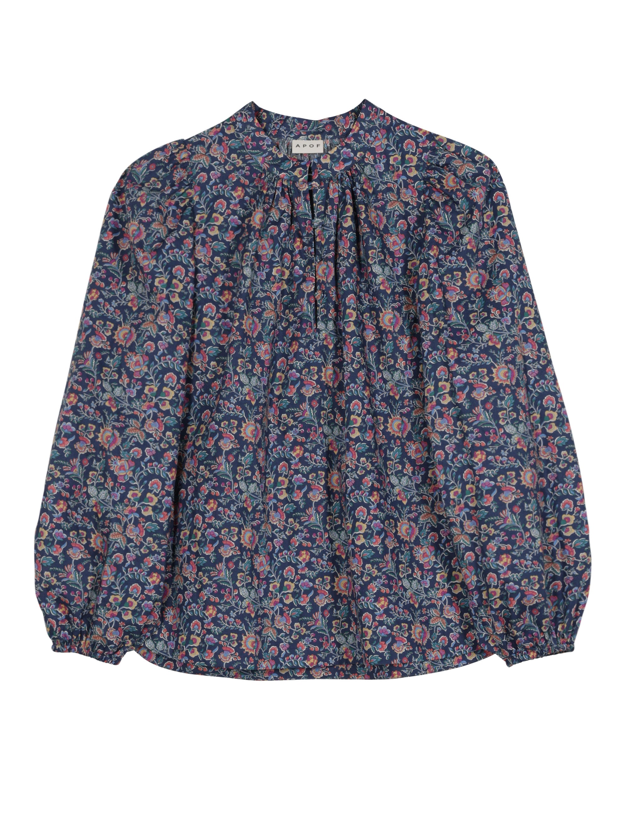 Floral long-sleeved blouse laid flat, front view