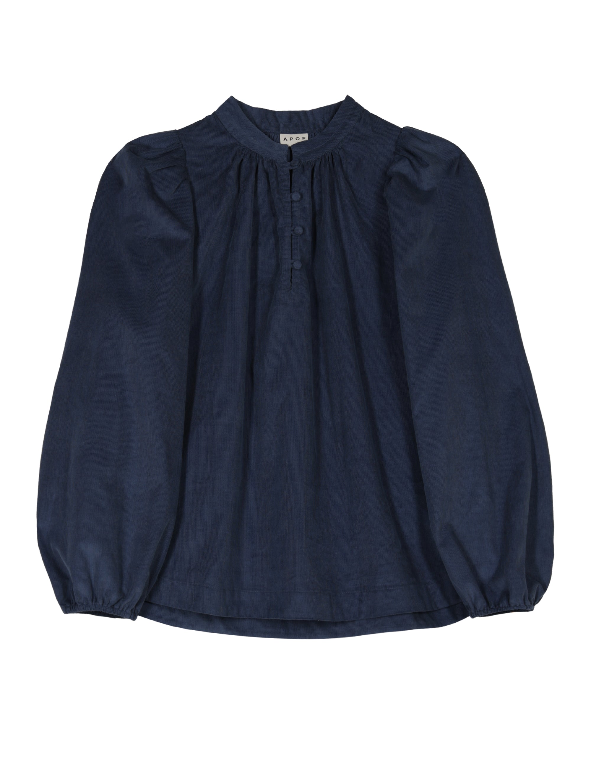 Flat lay of blue puff-sleeve corduroy blouse with gathered neckline