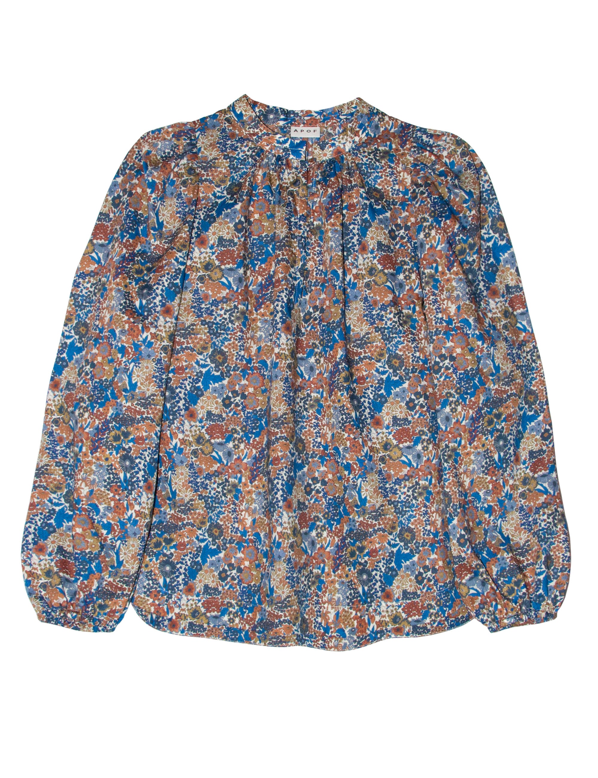 Women's shirt in Liberty cotton multi-colored floral print with long puffed sleeves