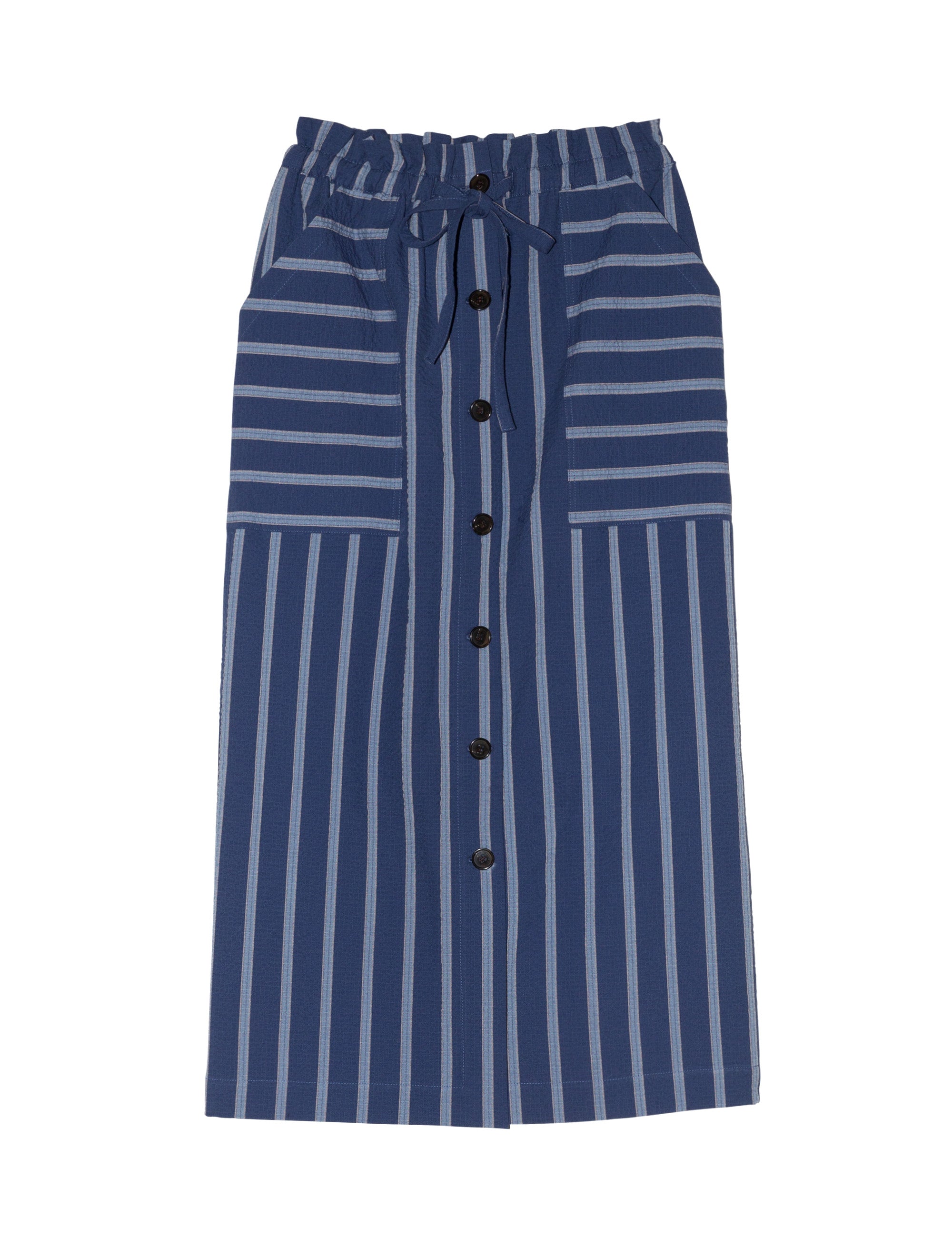 Blue and white striped long skirt with large pockets and buttons
