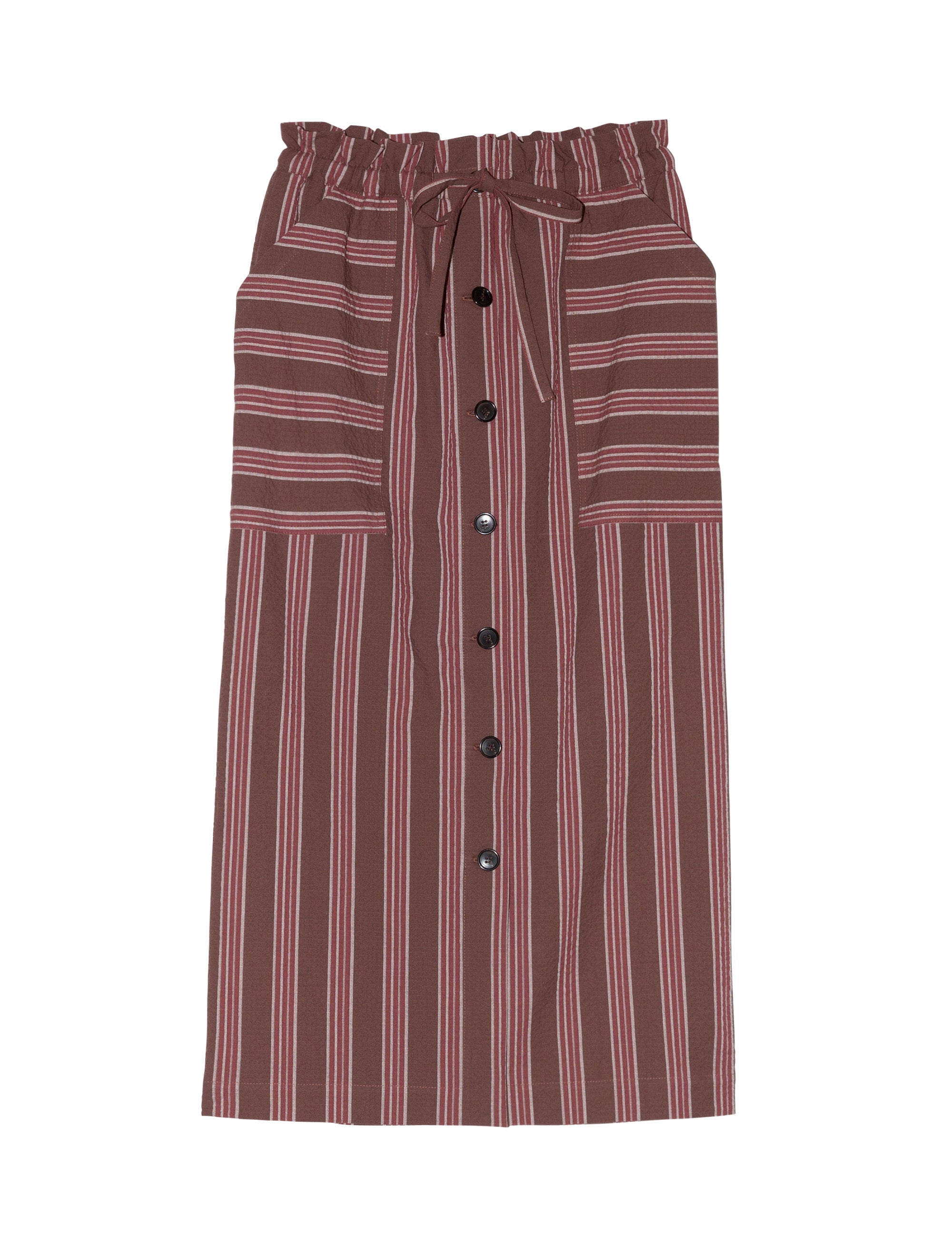 Brown red and white striped long skirt with large pockets and buttons