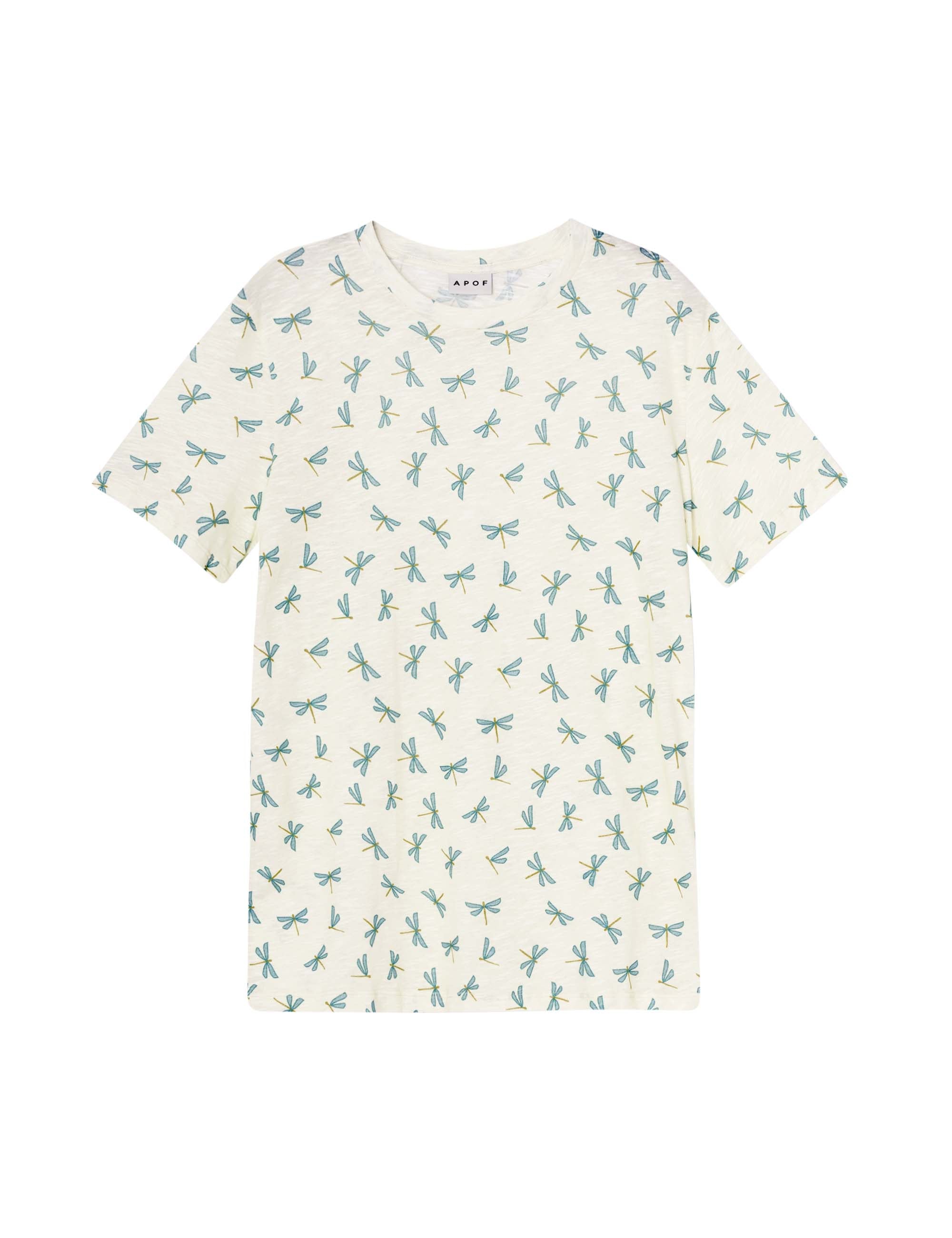 Short sleeved women's t-shirt with green dragonfly pattern