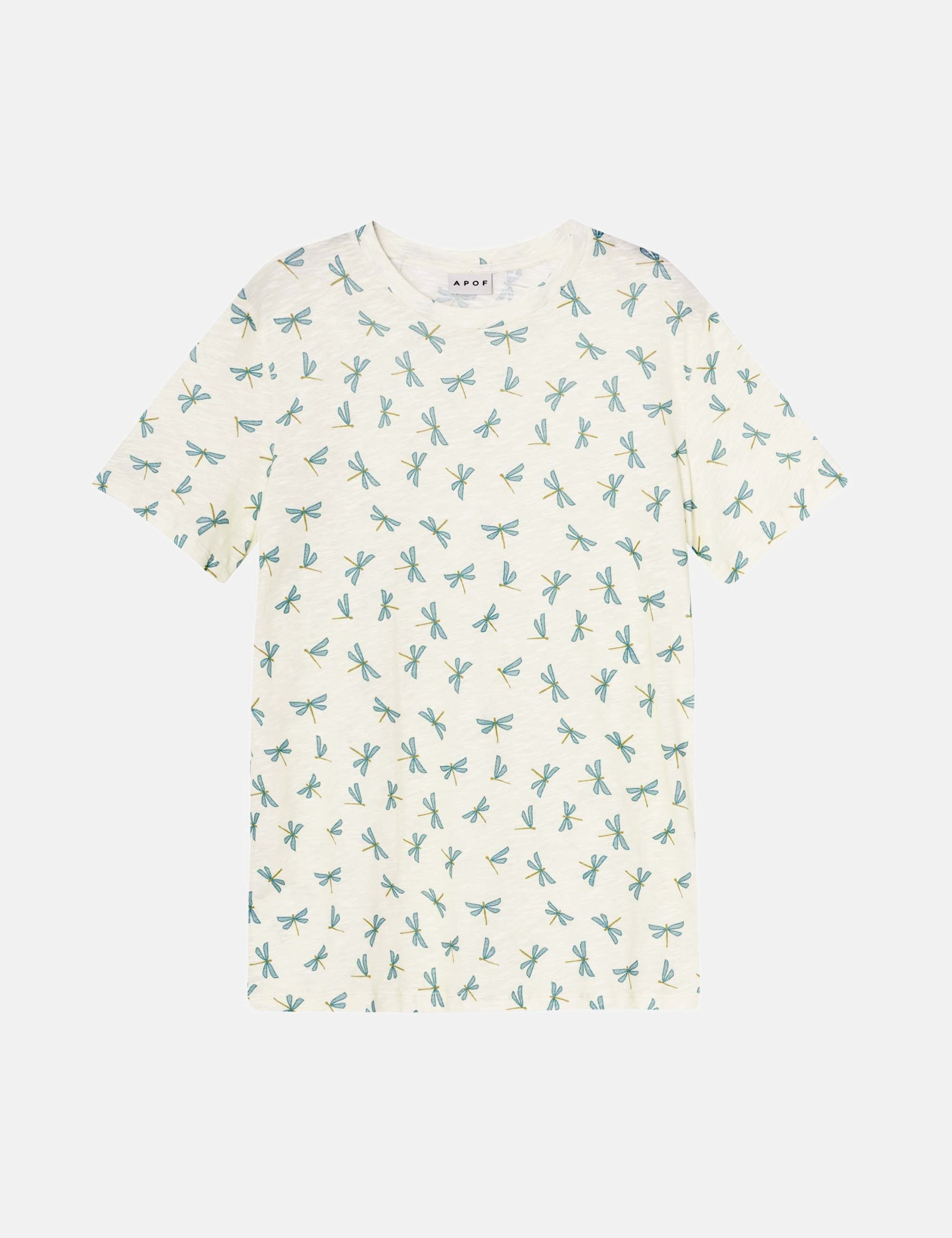 White women's t-shirt with green dragon fly pattern