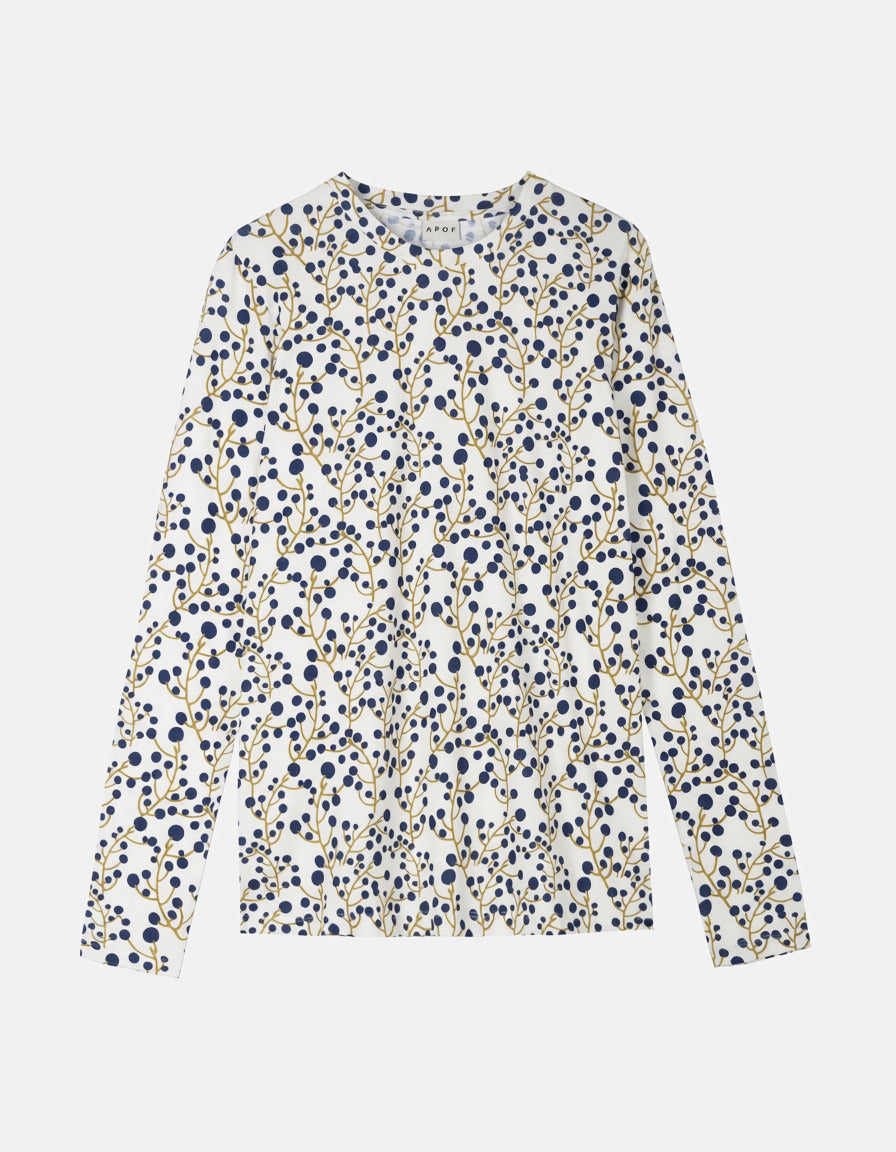 Long sleeved women's cotton t-shirt with blueberry pattern