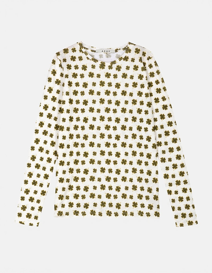Hvid langærmet t-shirt til kvinder med mønster af grønne firkløvere