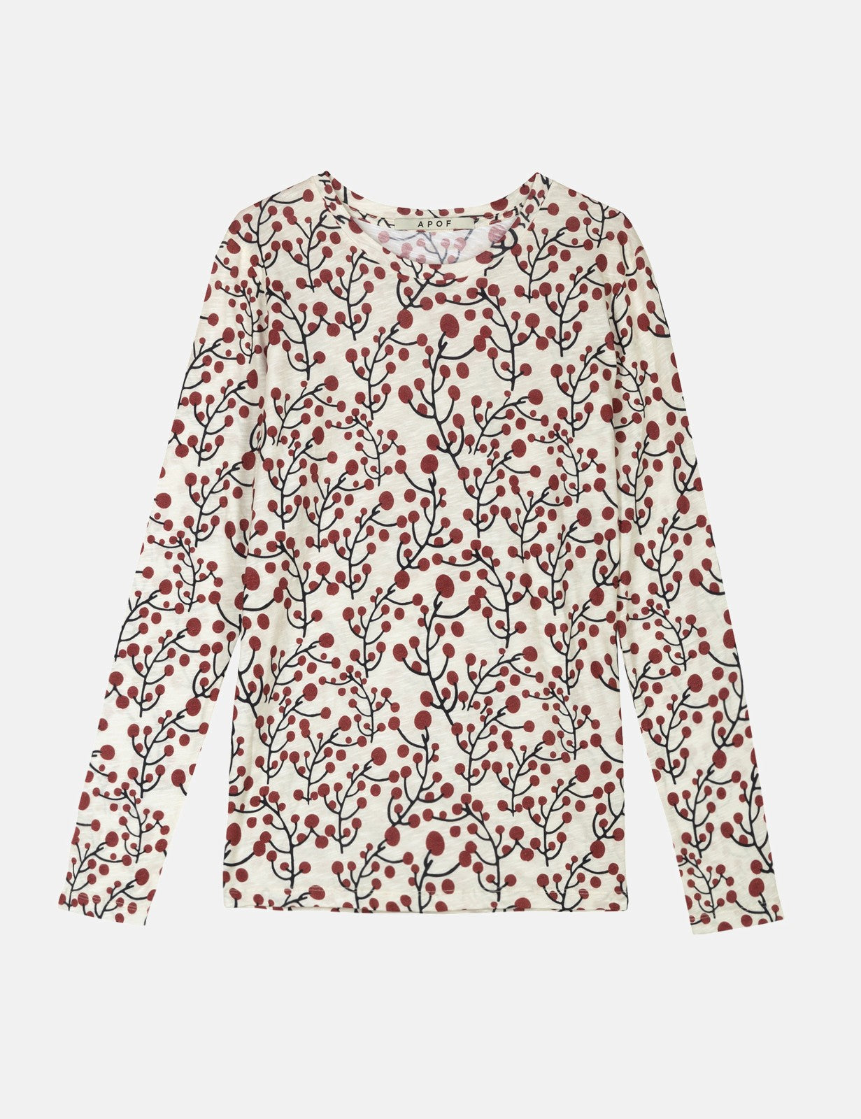 Women's long sleeve white t-shirt with berry pattern