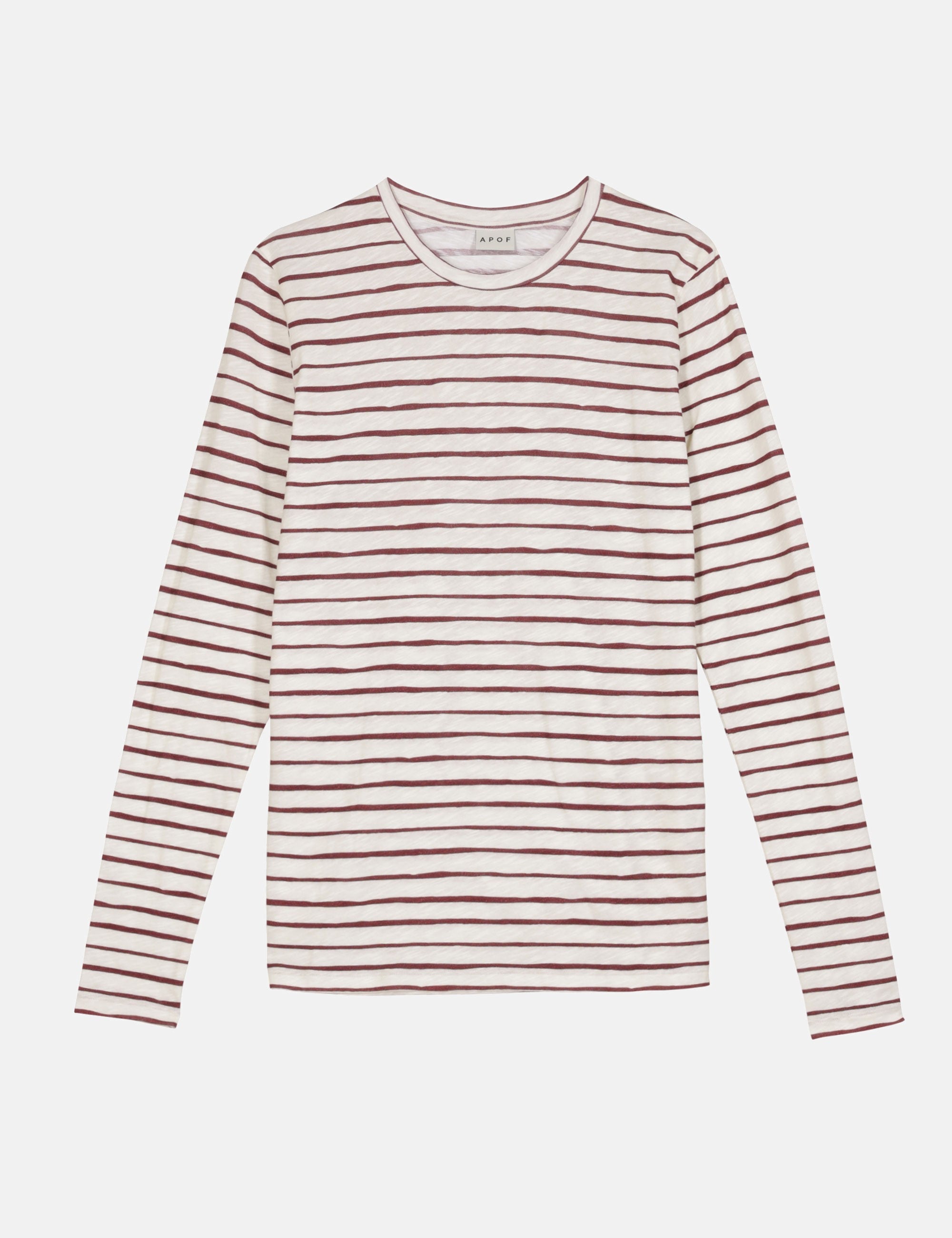 Flat lay of beige long-sleeve top with burgundy horizontal stripes