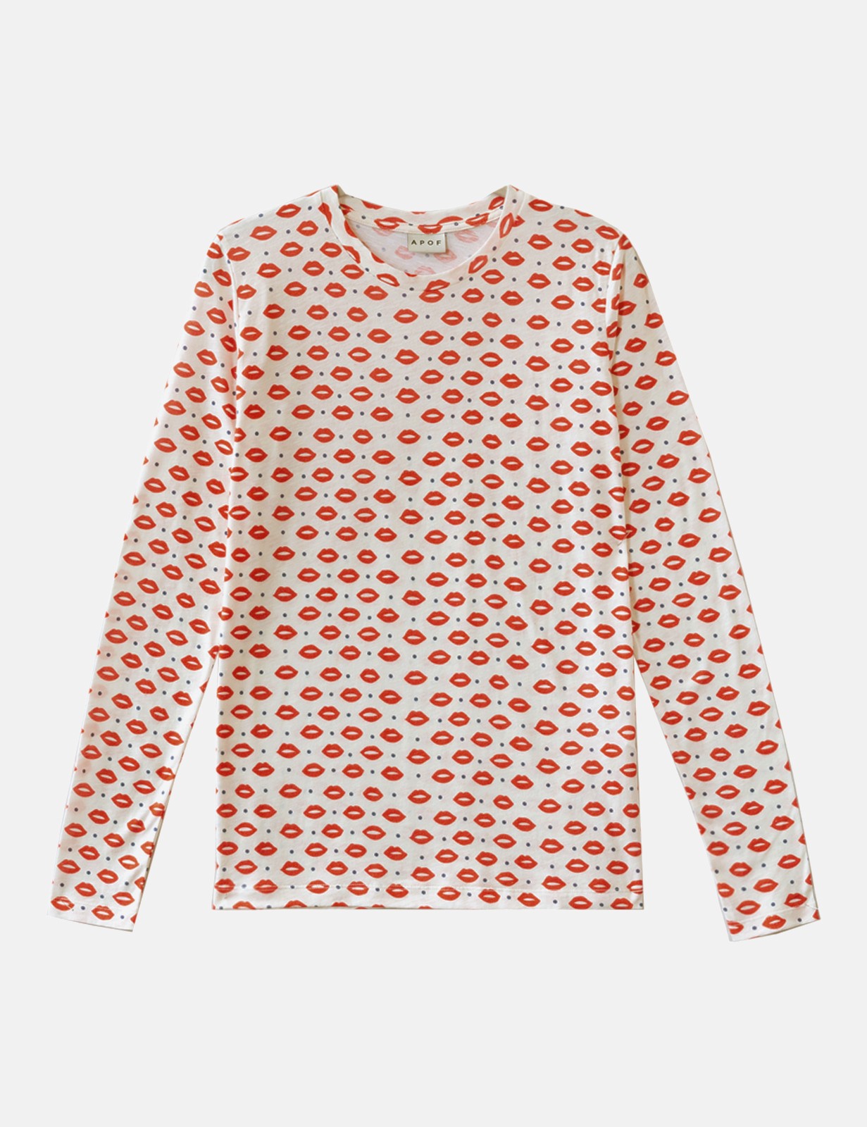 Women's long sleeve white t-shirt with red lips pattern