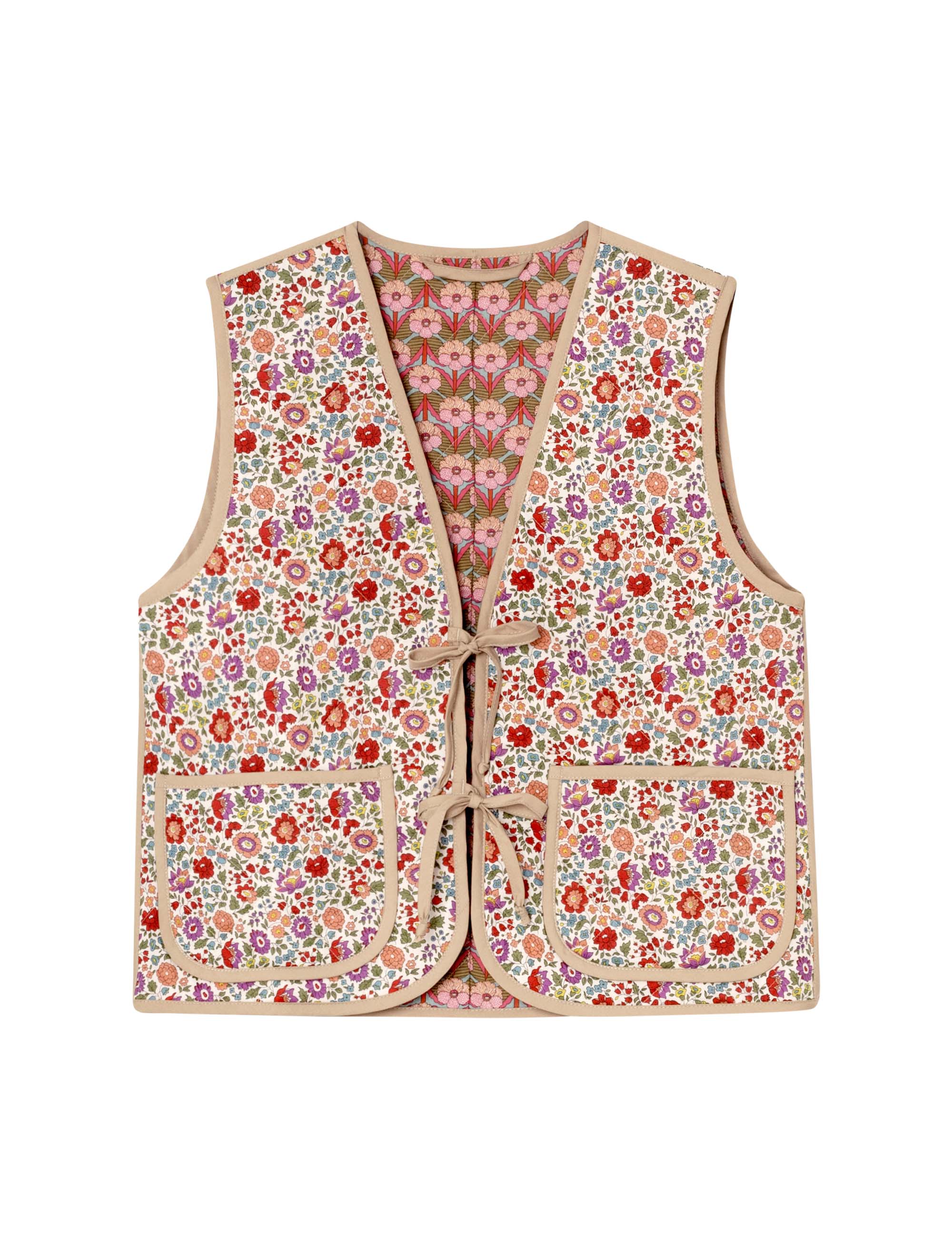 Multi-colored floral print vest with pockets and matching shorts