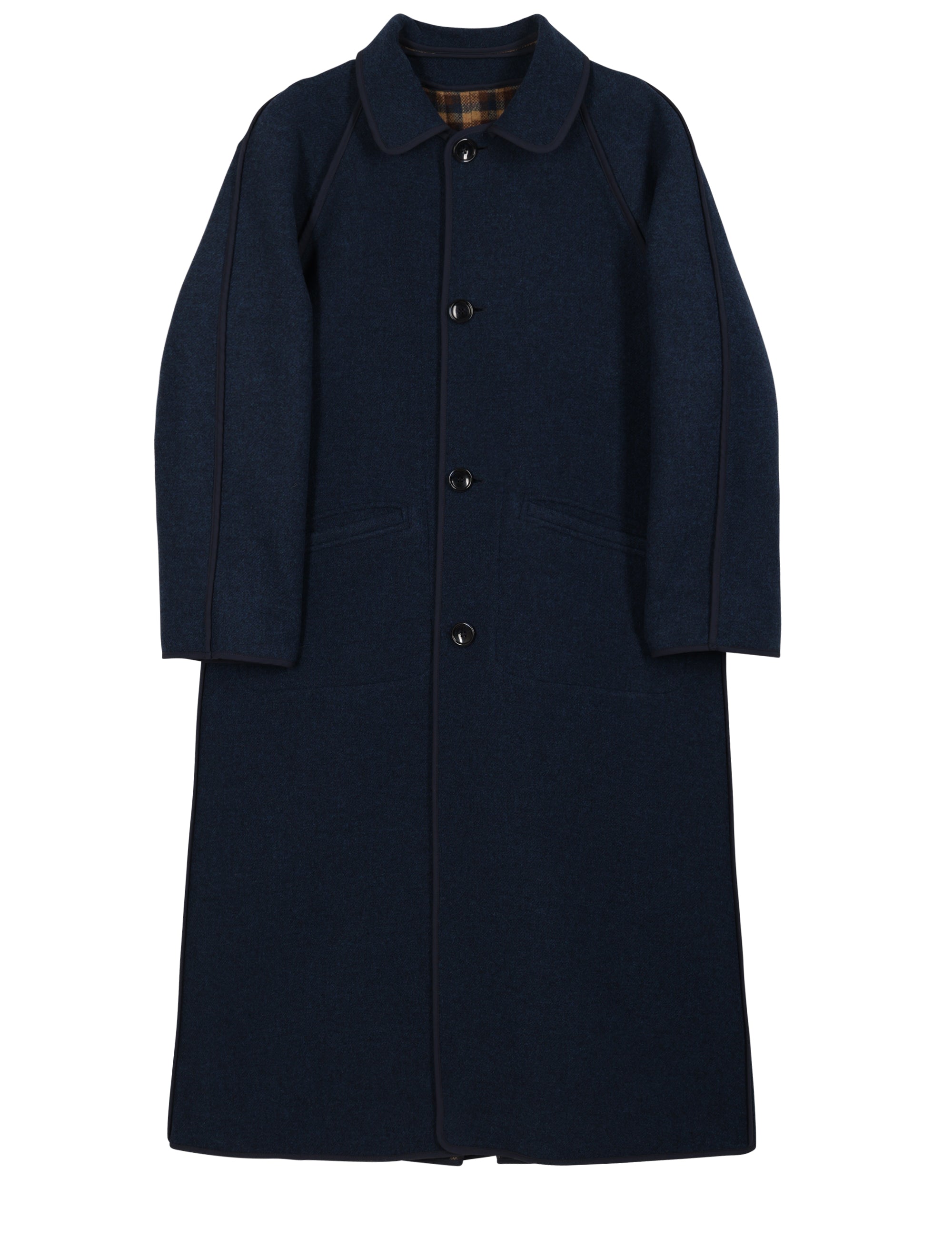 Women's long blue wool coat with large buttons and collar