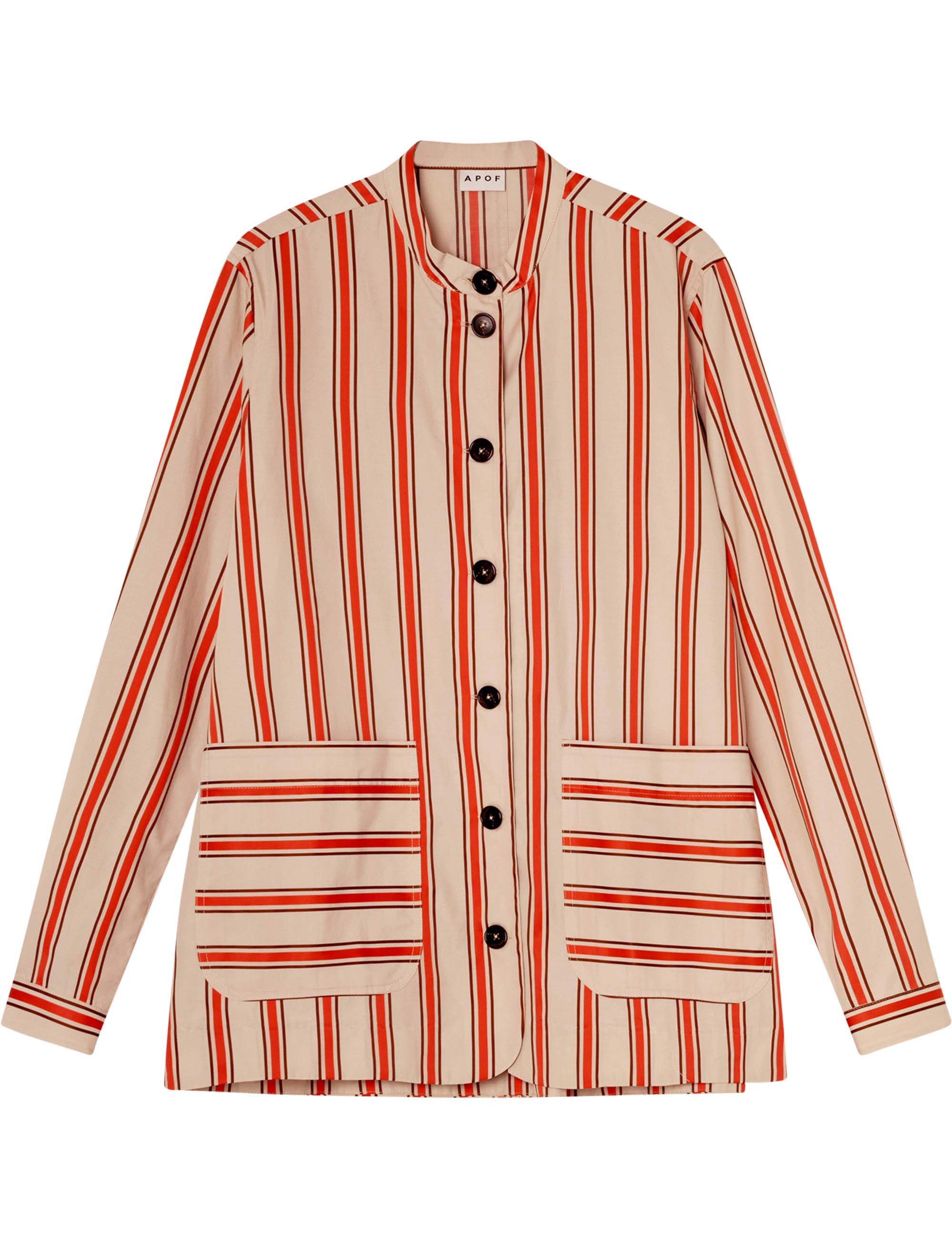 Red and white striped loose fit jacket with pockets and black buttons