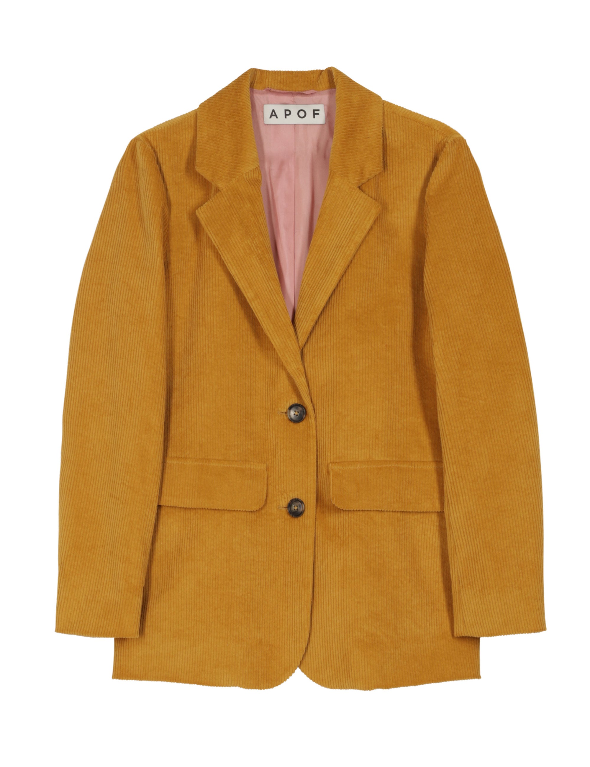 mustard yellow corduroy blazer with two-button front and pink lining